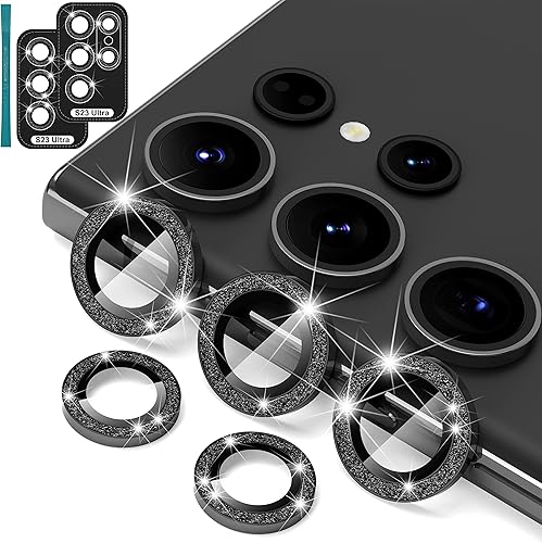 Suoman 5+5 piezas Protector de lente de cámara para Samsung Galaxy S23 Ultra, protector de lente de cámara de vidrio templado prémium con purpurina