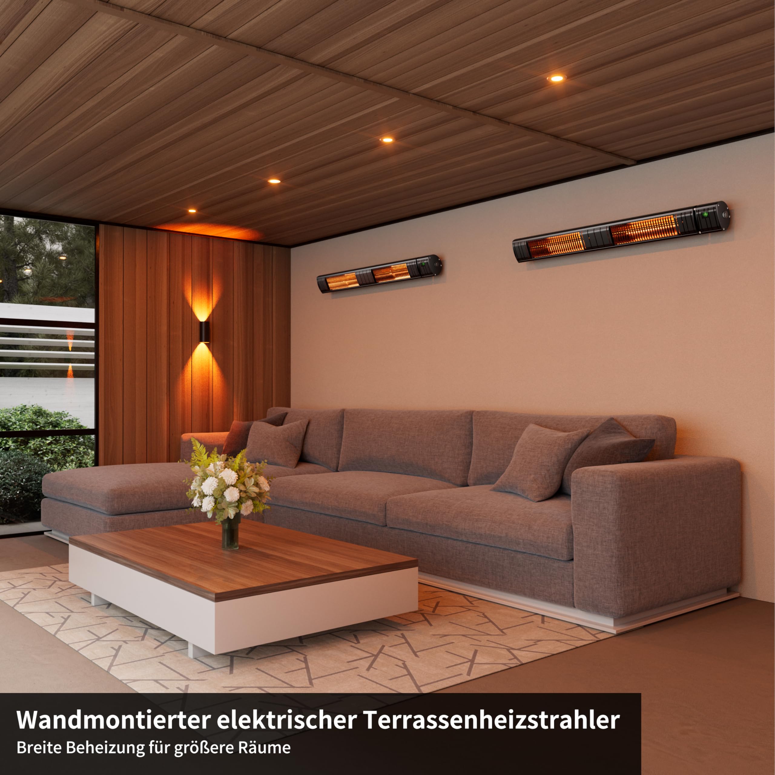 Heizstrahler Terrasse, Infrarotstrahler 3000W, Elektrisch Wärmestrahler mit 3 Heizstufen, Wandmontage, IP65 Wasserdicht, Infrarot Terrassenheizer für Garten Terrasse & Balkon, Schwarz