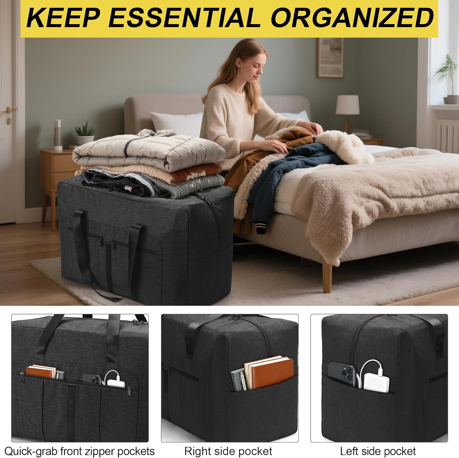 80L Large Duffle Bag for Travel, Packable Foldable Duffel Bag for Men Women Camping Weekend Overnight Moving, Water Repellent & Tear Resistant (80L, Black) - Image 3