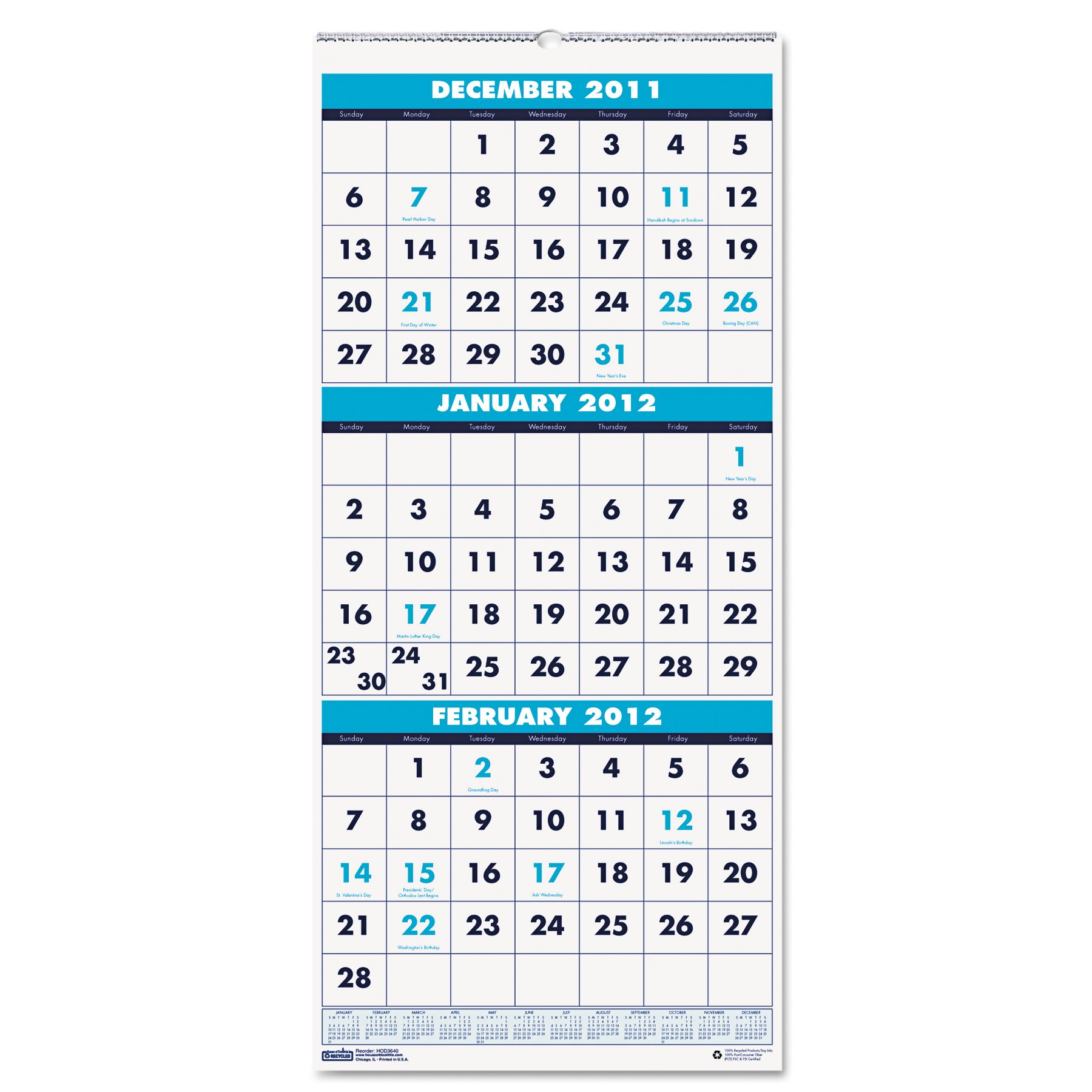 Amazon.com : House of Doolittle Three-Month Calendar 14 Months December  2010 to January 2011, 12.25 x 26.5 Inch, Large Numbered Days, Recycled  (HOD3640) : Wall Calendars : Office Products