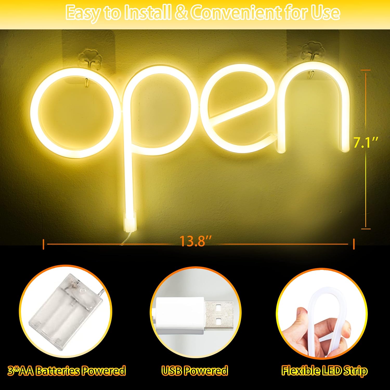 Open LED Neon Signs Light Business Hours Sign,Powered by USB Cord or AAA Batteries Shop Window Store Signs for Cafe Bars Hotel Bookstore Restaurant Bakery Wall Decor(Yellow)