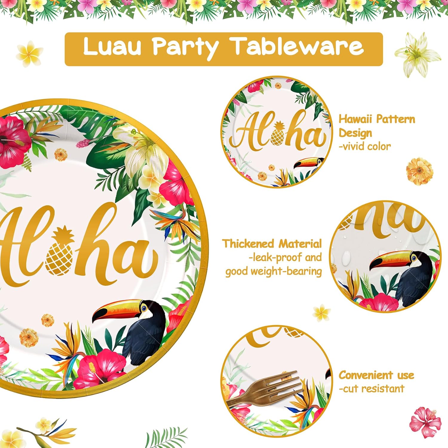 Golden Aloha Party Tableware Supplies, 168PCS Hawaiian Plates Napkins Cups and Cutlery Set, 24 Set Tropical Disposable Dinnerware for Luau Birthday Party Decorations