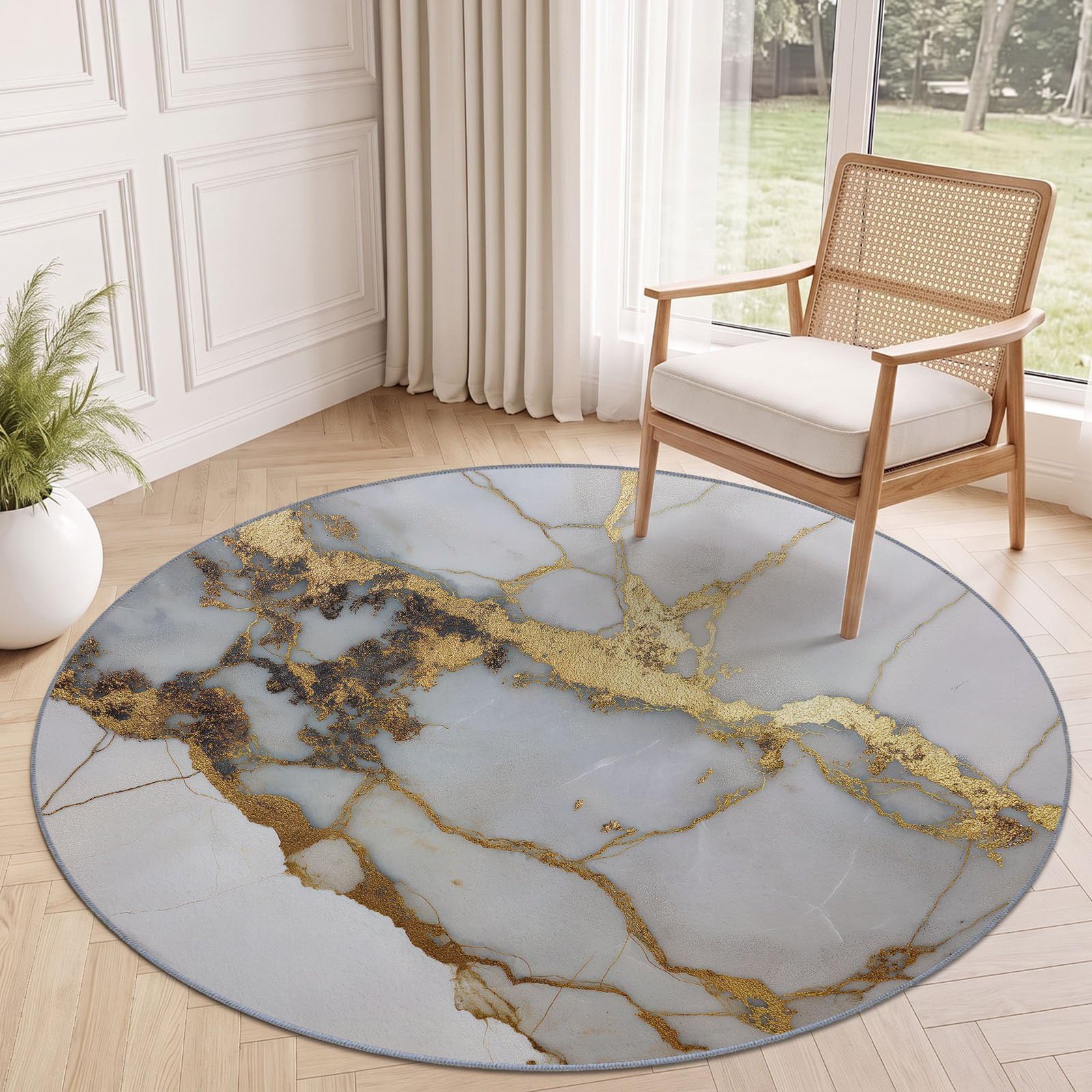 Tappeto rotondo moderno e lussuoso, lavabile, 160 cm, in finta lana effetto marmo, antiscivolo, bianco, per soggiorno, camera da letto, lavanderia, decorazione