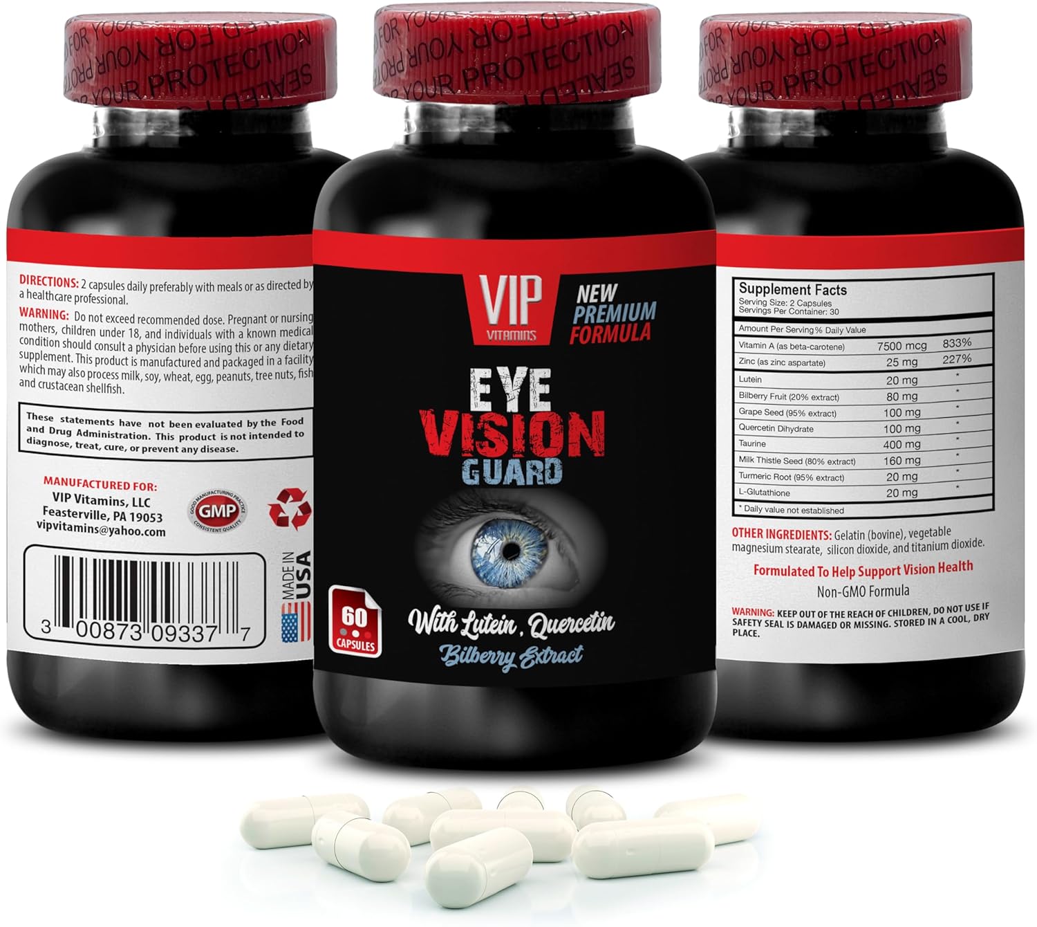 L-Glutathione - Eye Vision Guard - Lutein, Bilberry Fruit, Grape, Quercetin Dihydrate, Taurine, Milk Thistle, Turmeric Root, Taurine, Lutein, Grape, Quercetin 1 Bottle 60 Capsules
