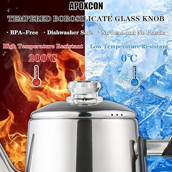 APOXCON 12-Cup Electric Coffee Machine with Cordless Server - CE Certified Stainless Steel Coffee percolator, Heat-Resistant Glass Knob, Multi-Use for Tea/Cocoa/Oatmeal, Fast Brew & 30mins Keep Warm