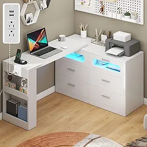 DWVO L Shaped Computer Desk with Power Outlet & RGB Light, 78.8" Reversible Gaming Desk for Bedroom, 360° Rotatable LED Drawer Dresser with 6 Drawers, Home Office Desk with Charging Station, White
