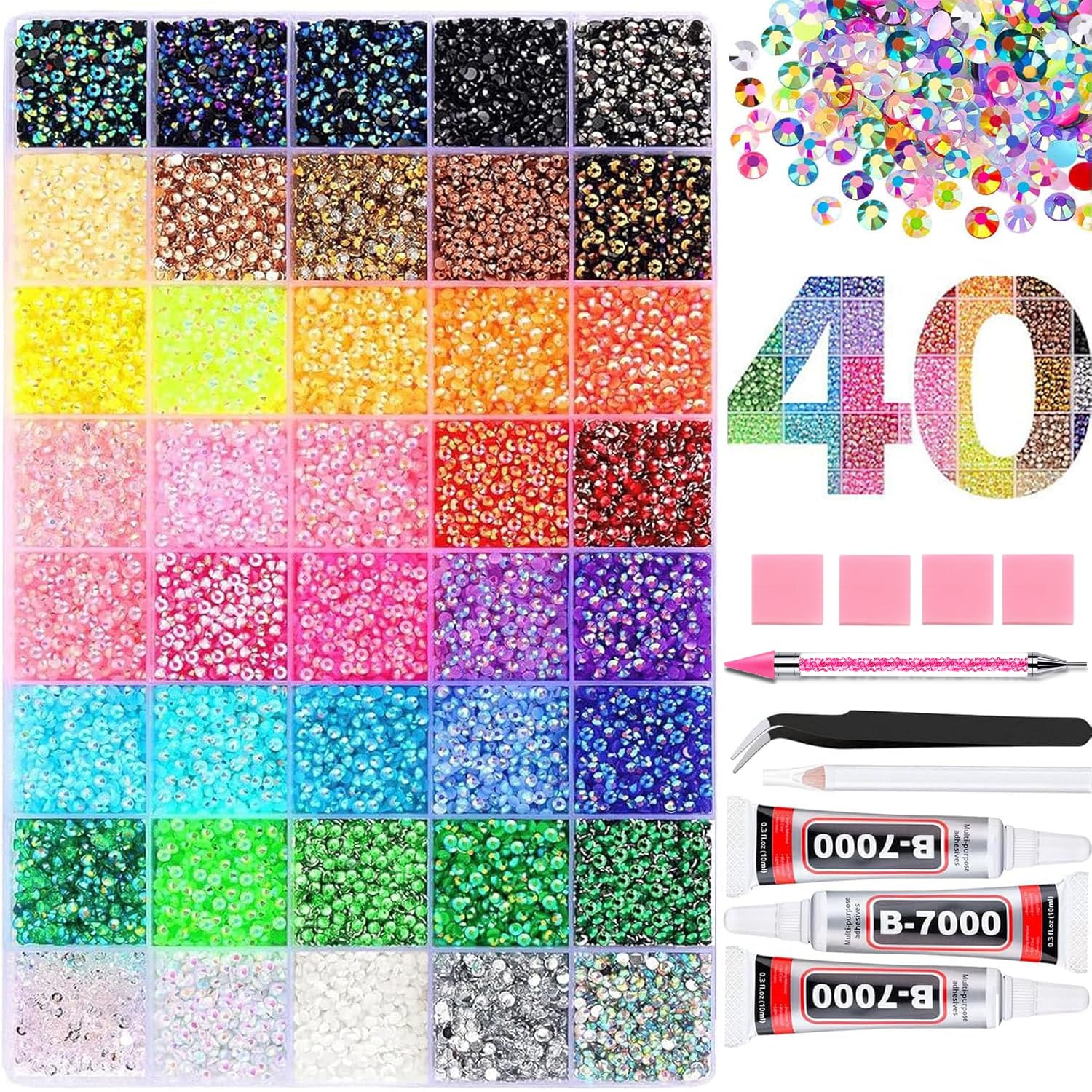 Bedazzling Kit, 32000Pcs Colorful DIY Resin Rhinestone Bedazzle Kit for Bedazzling, 3mm Resin Jelly Rhinestones Flatback Gems with B7000 Glue for Diamond Art, Nails, Crafts, Clothing, Tumblers