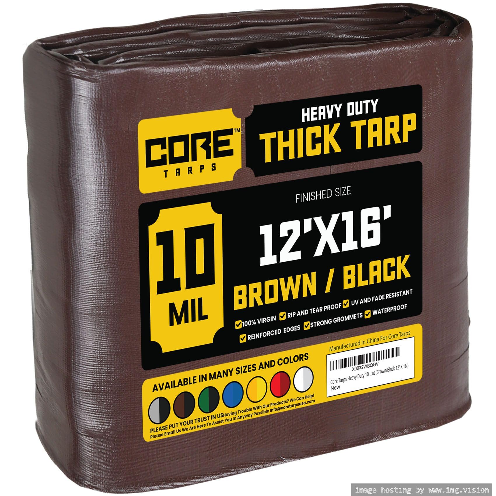 Core Tarps Brown/Black-10 Mil Core Tarp - Tarpaulin Waterproof Heavy Duty(190 G/M²|12′ X 16′ | 3.65M X 4.85M|) Uv Resistant, Tear Proof, Protective Poly Tarpaulin With Reinforced Edges For Multi-Purpose Usage