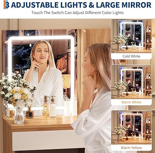 Miniatura 6 de Escritorio de tocador de maquillaje con espejo iluminado, juego de tocador con 4 cajones, toma de corriente, taburete de almacenamiento, estantes de