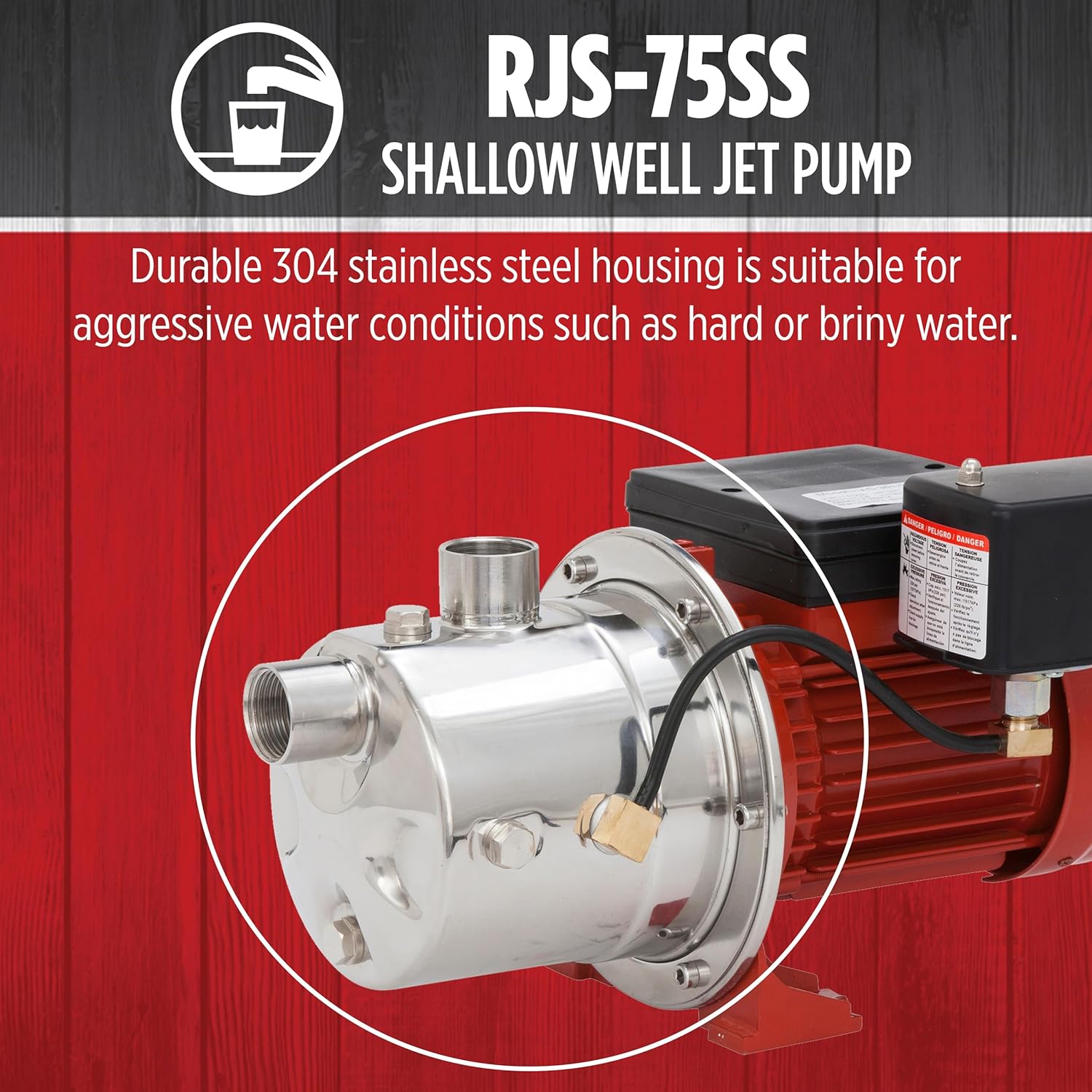 Red Lion RJS-75SS 115/230 Volt, 3/4 HP, 12.8 GPM Stainless Steel Shallow Well Jet Pump For Wells Up To 25' Deep, Red, 97080702