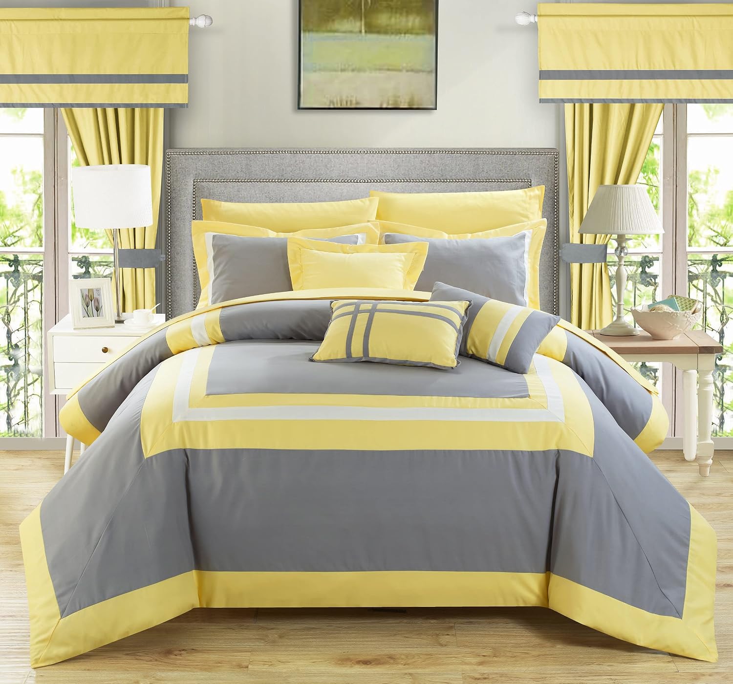 Chic Home Ritz 20 Piece Comforter Set Color Block Bed in a Bag with Sheets Curtains, Queen, Silver