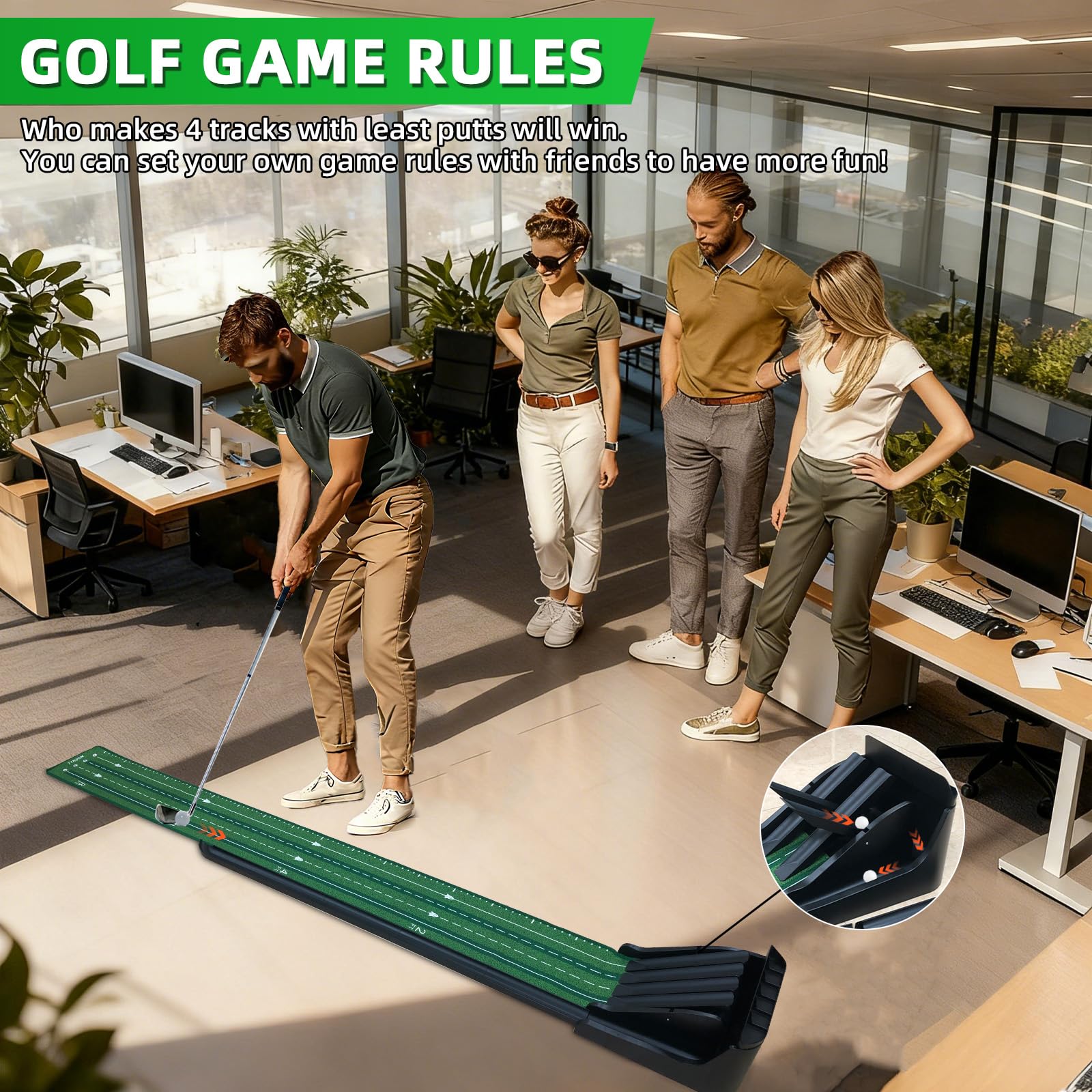 KOFULL Alfombrilla de Golf para Interiores con diseño de balancín de Bola de Golf, Juego de práctica para el hogar, Oficina, Interior y Exterior