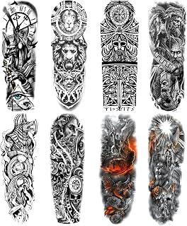 Warrior Fake Tattoos Sleeve Stickers for Men, Full Arm Realistic Gladiator Poseidon Temporary Tattoo Sleeves Adults Women, Long Lasting Large Black Greek Myth Temp Tattoo Leg Body Art Makeup, 8-Sheet