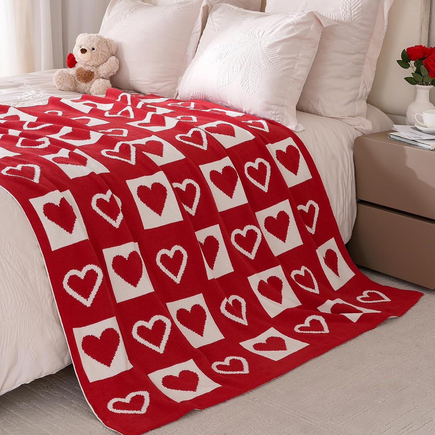 Amelie Home SuperCozy Jacquard Knit Chenille Throw Blanket, Heartful Aesthetic Gift for Valentine's Day, Easter Day & Mother's Day, 50"x60", Red/White Heart Checkerboard - Image 7