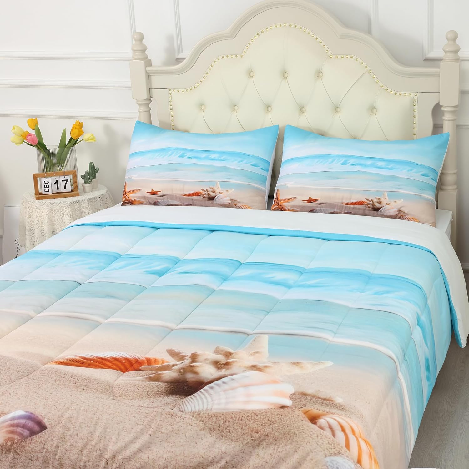 Blue Coastal Comforter Set Full, Beach Nature Theme Bedding for Boys Girls Women Bedroom, Ocean Starfish Qulit Sets, 1 Comforter, 2 Pillowcases