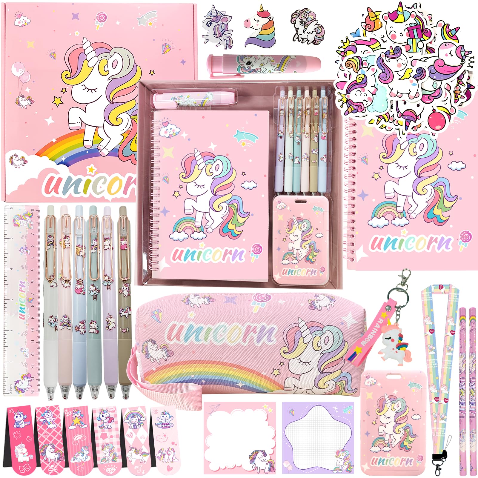 Cute School Supplies Gift Set Kawaii Including Pencil Case Rollerball Pens ID Badge Holder Stickers Key Chain Notebook Bookmark Eraser Ruler for Girls Kids Teens (Pink)