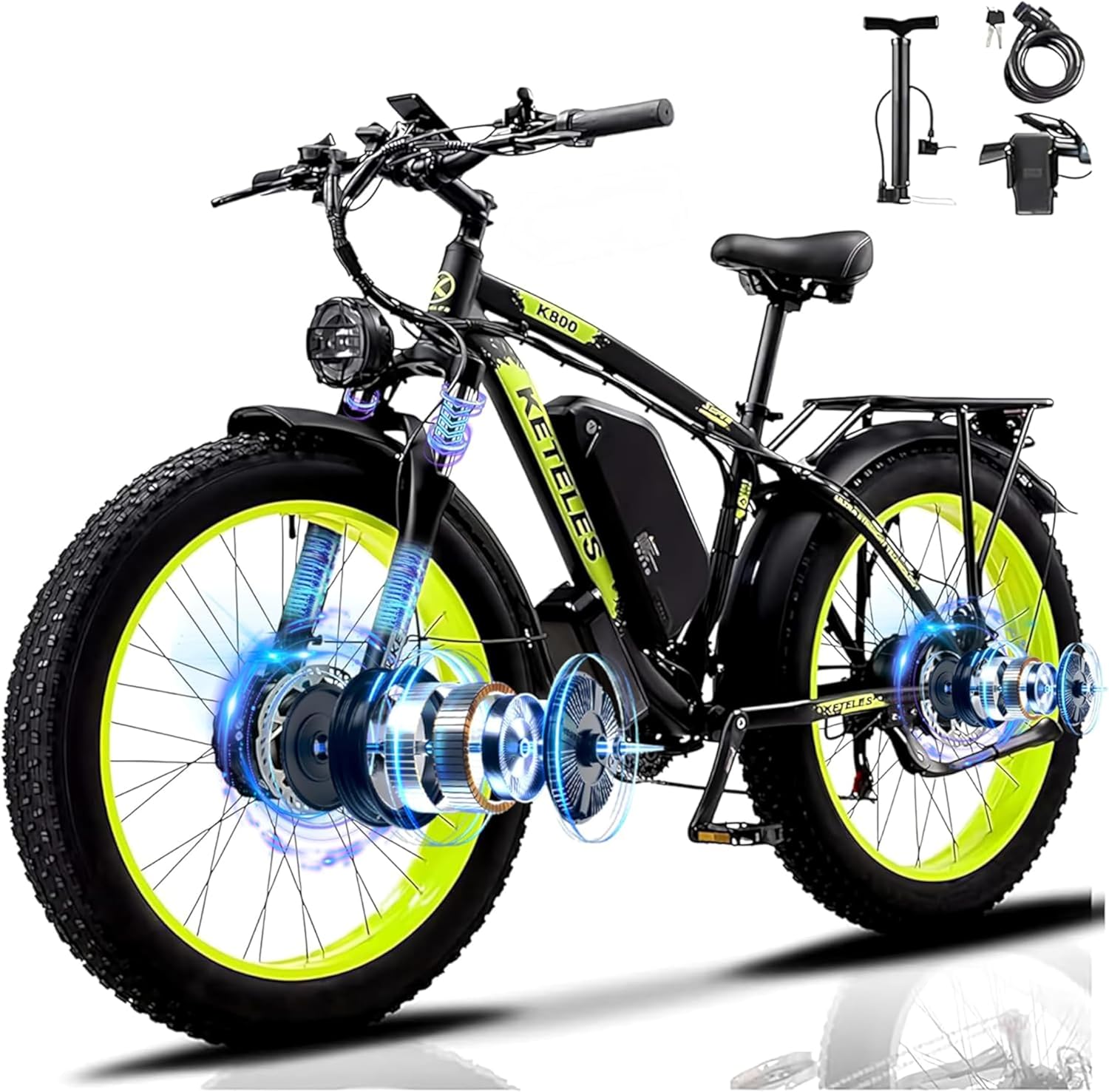KETELES Ebikes for Adults, AWD Dual Motor Ebike, 26'' Fat Tire Peak 4000W E-Bike with 48V 22.4AH Battery Hydraulic Brake Best Electric Bike ​​, 21 Speed Electric Mountain Bikes. (Blackgreen)