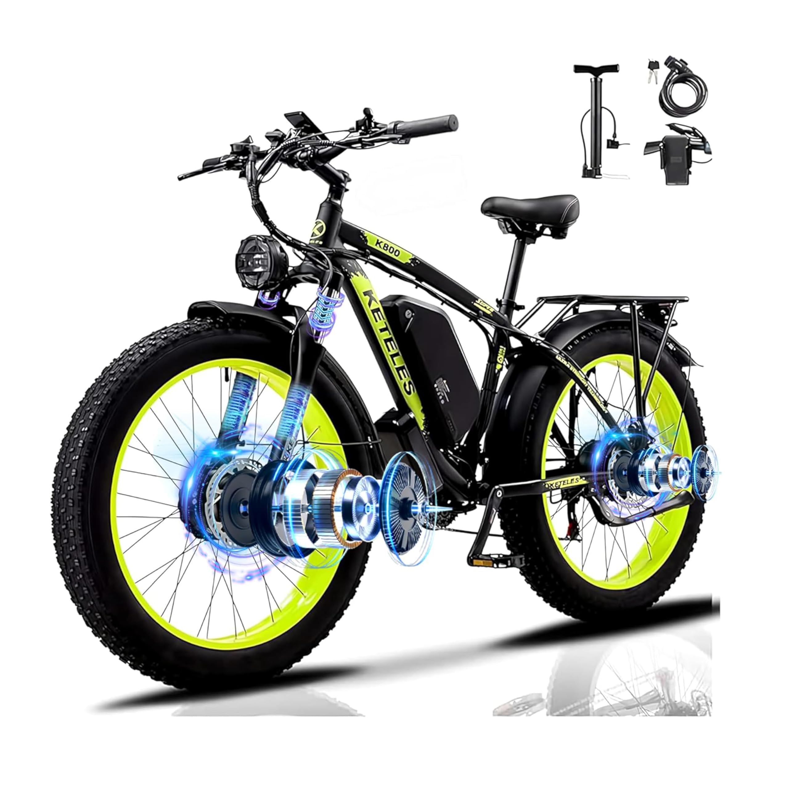 KETELES Ebikes for Adults, AWD Dual Motor Ebike, 26'' Fat Tire Peak 4000W E-Bike with 48V 22.4AH Battery Hydraulic Brake Best Electric Bike ​​, 21 Speed Electric Mountain Bikes.
