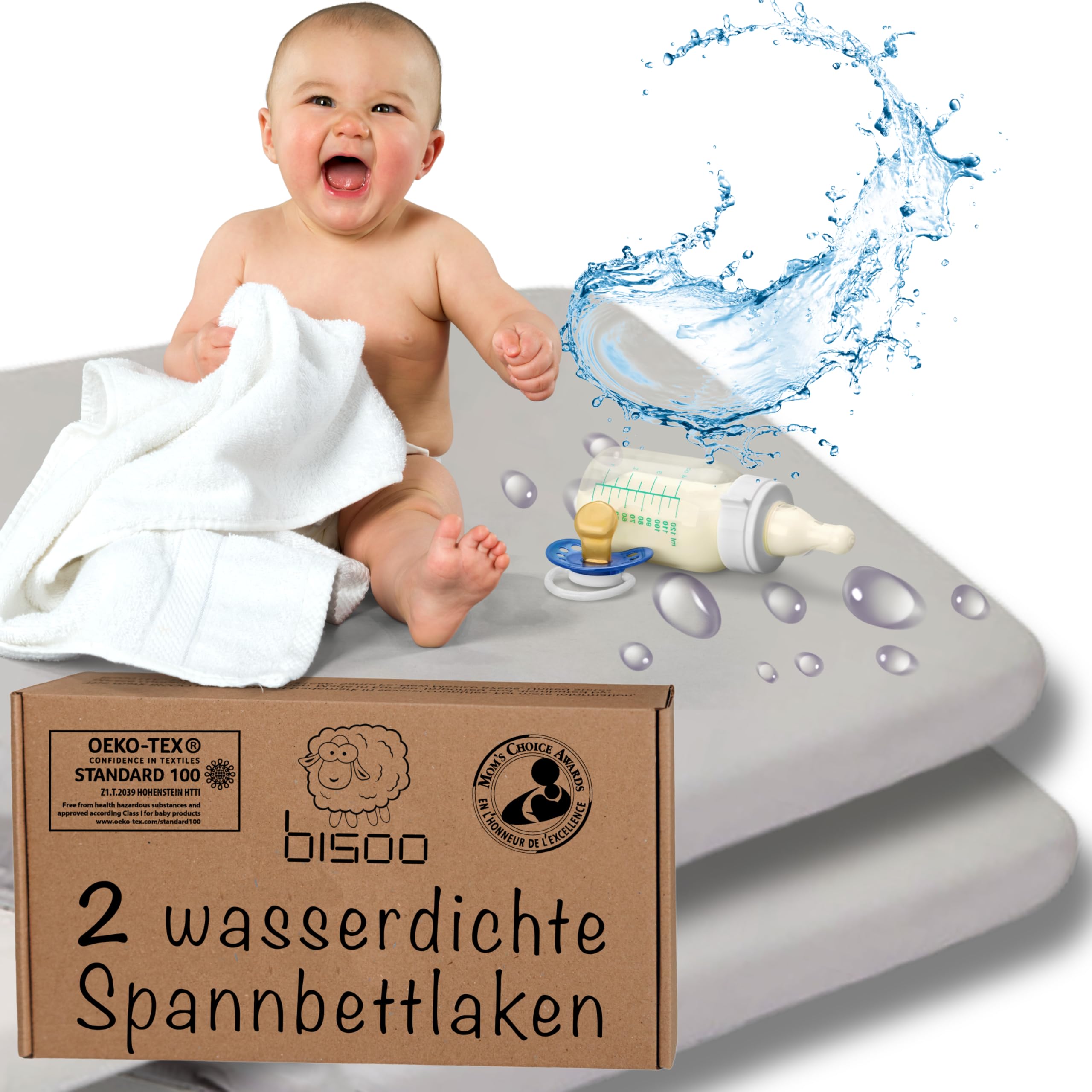 Bisoo Spannbettlaken 60x120 Baby - Matratzenschoner 60x120 Baby Wasserdicht Bettlaken für Babybett Wiege 100% Baumwolljersey Öko-Tex Zertifikat - wasserdichte Spannbetttuch 120x60 2 Stück Set Grau