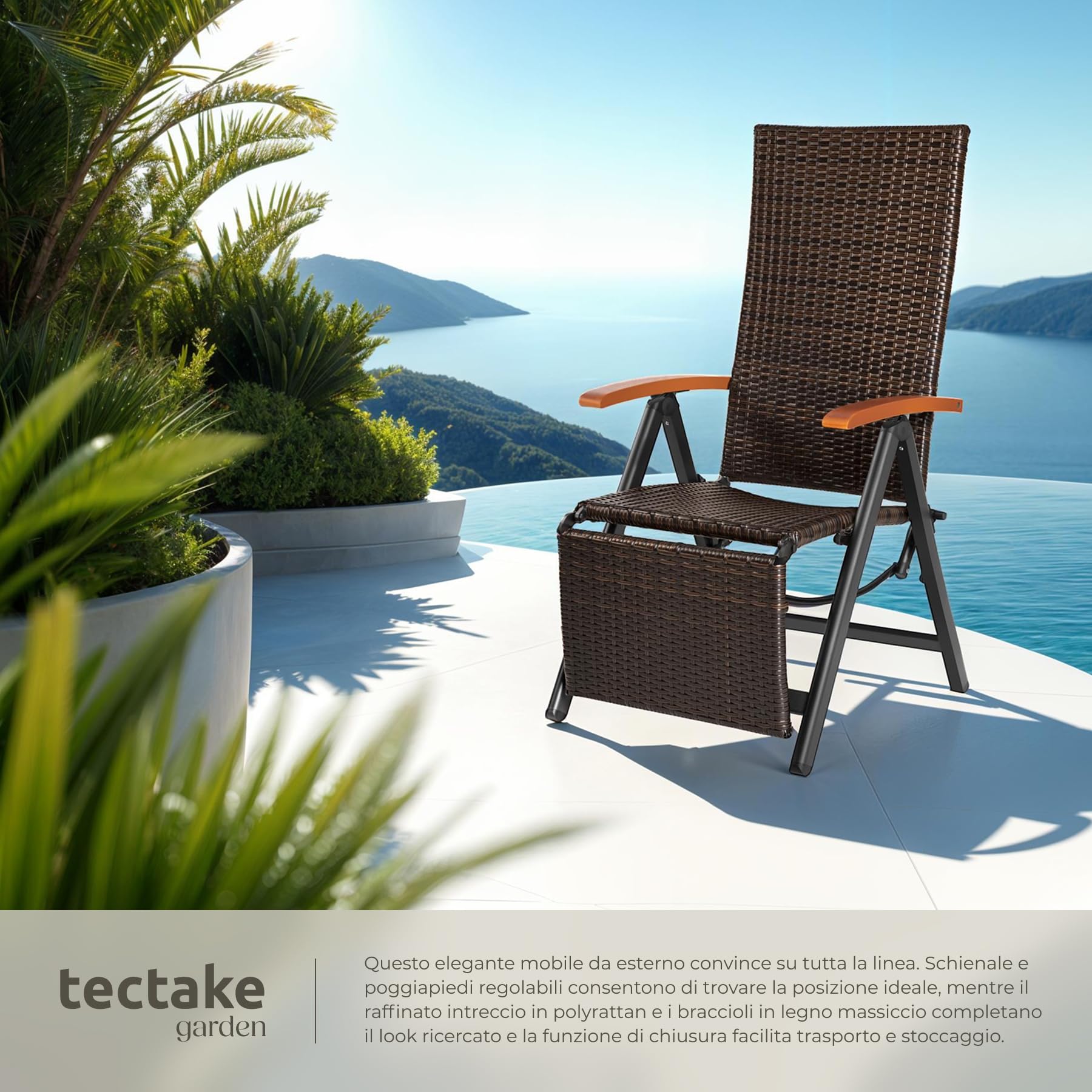 tectake® Poltrona Relax da Giardino Pieghevole, Resina Intrecciata e Alluminio, Regolabile con Poggiapiedi, Poltrona da Giardino, Sedia Relax da Giardino, Sedie da Esterno - Marrone