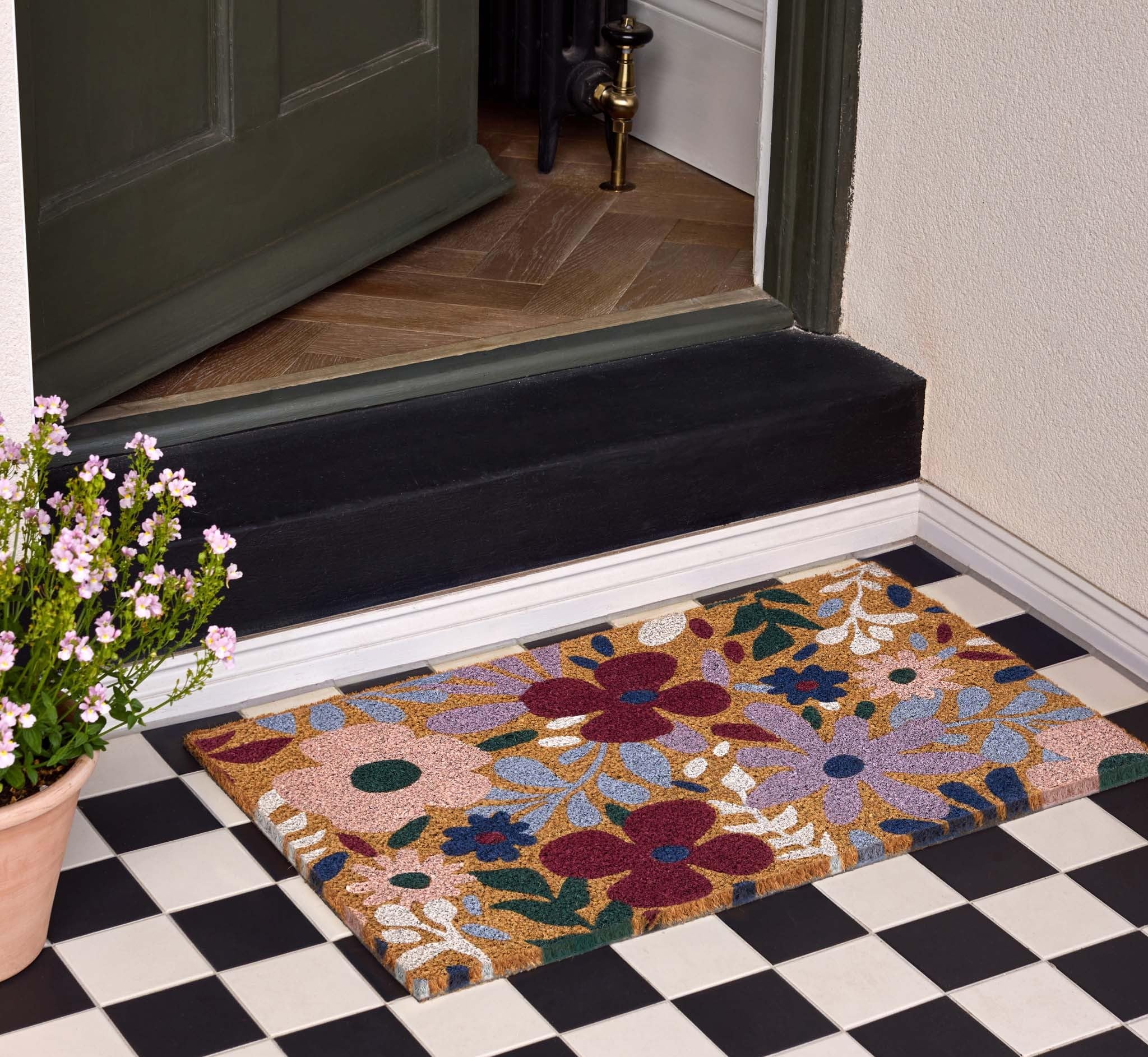 Coir Door Mat for Doorway, Home Entry, Balcony, Garden, Dirt Trapper Entrance Indoor Outdoor Non-Slip Absorbent Welcome Mat Natural Doormat in 45 x 75 cm (Flowering Meadow)