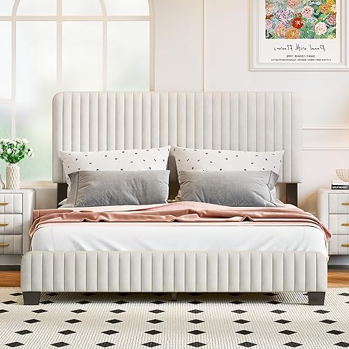 Miniatura 1 de Elegante cama con plataforma tapizada de terciopelo de tamaño Queen con cabecero, para niños, niñas y adolescentes (beige cabecero, Queen)