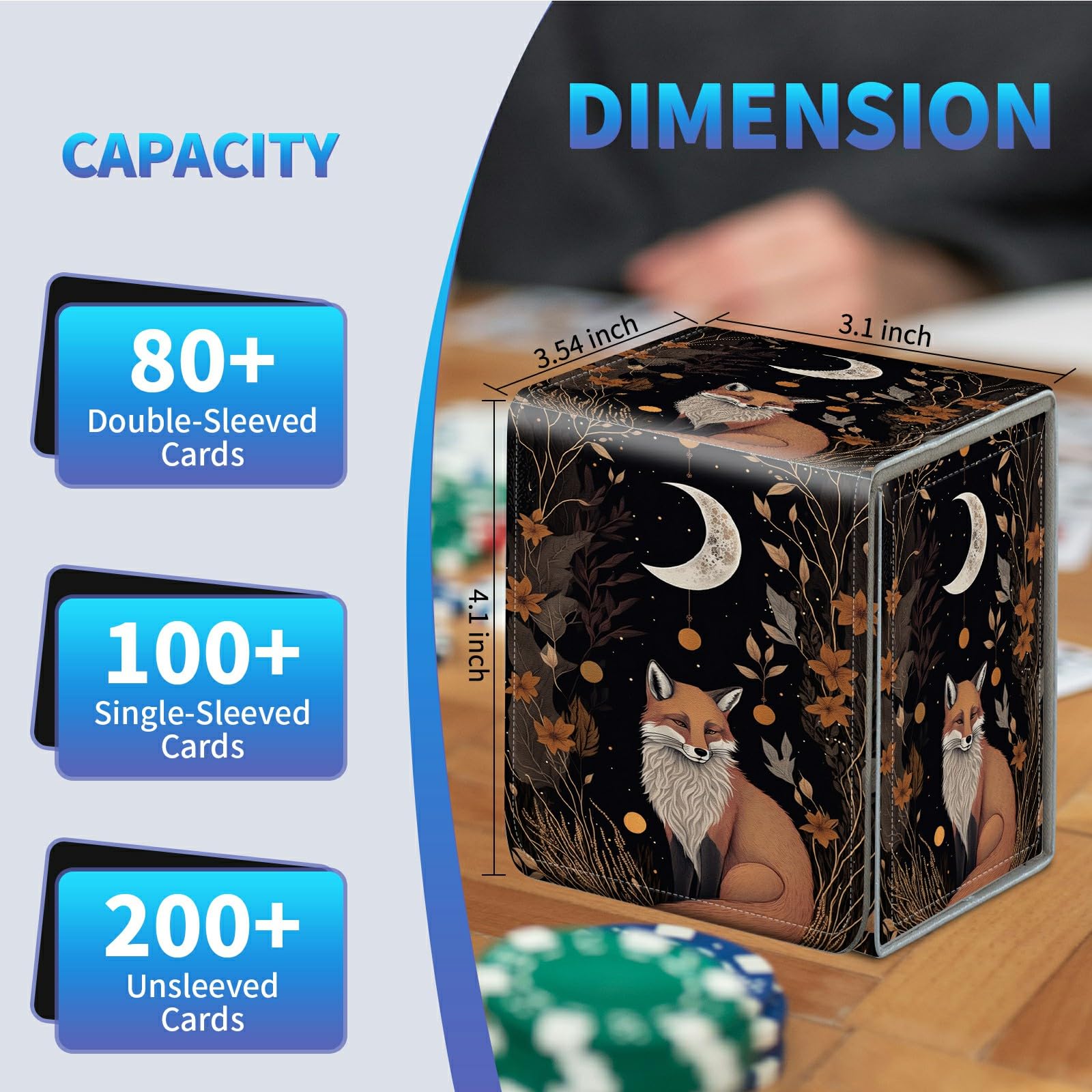 BREIDMKFM Card Deck Box for Trading Cards, MTG Commander Deck Box Fits 100+ Single Sleeved Cards, Leather Magnetic Card Storage Box for YuGiOh TCG CCG Cards, Fox Moon Trippy Animal Floral