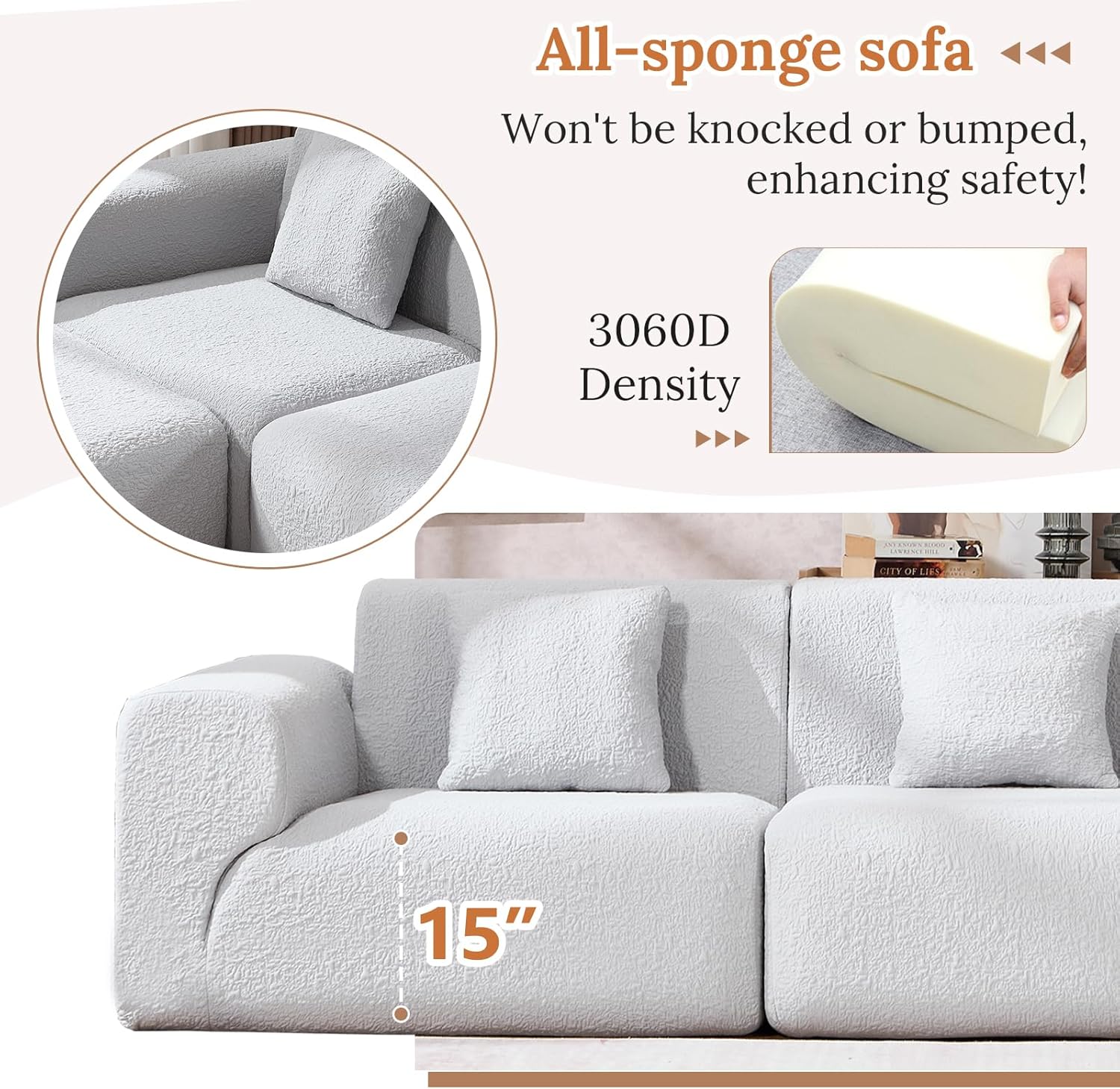 ANJ 47.2" Oversized Accent Chair，Textured Fabric Armchair with Wide Armrests, Boneless All-Foam，Comfy Deep-Seat Single Sofa Chair for Living Room ， Bedroom，No Assembly Required, Light Gray