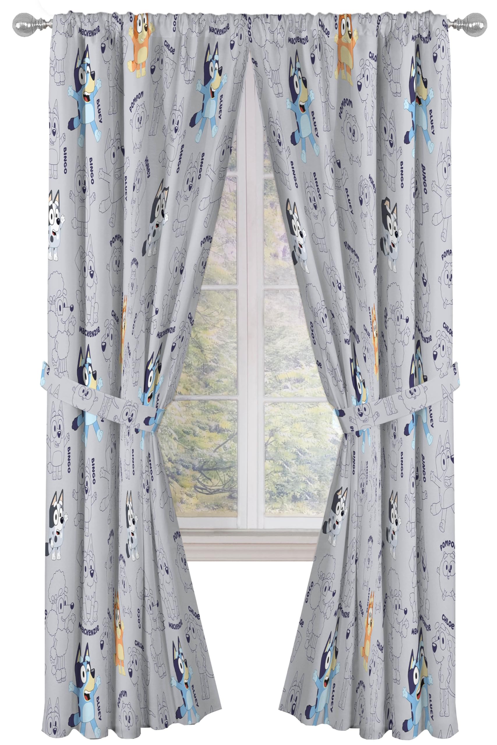 Jay Franco Window Curtains for Kids Bedroom 4-Piece Drape Set with 2 Tiebacks, Grey - Bluey, 42" W x 84" L (Pack of 2)