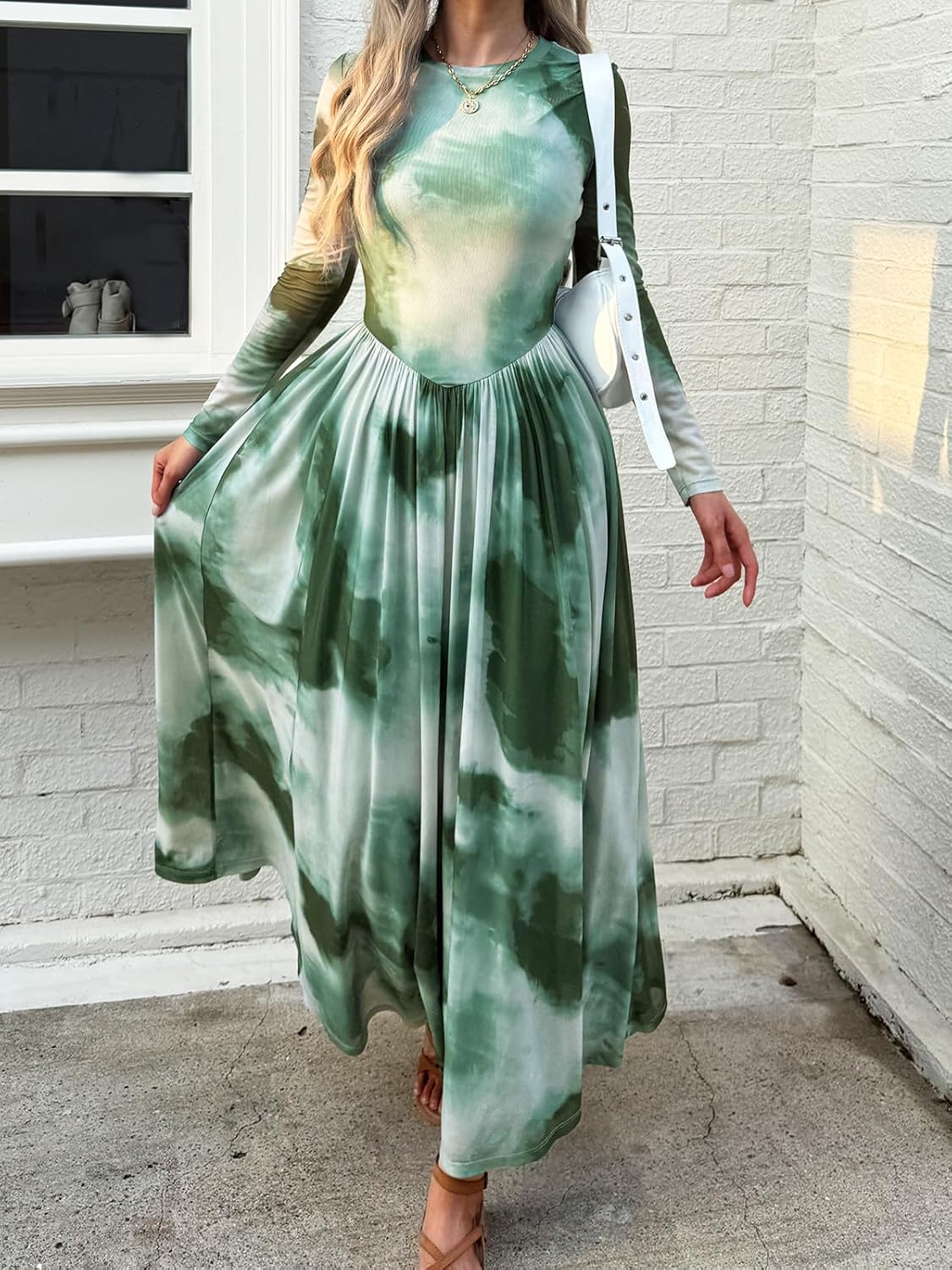 Women's Maxi Dress 2026 Spring Long Sleeve Crewneck Mesh Floral Dress Drop Waist Party Wedding Guest Dresses - Image 2