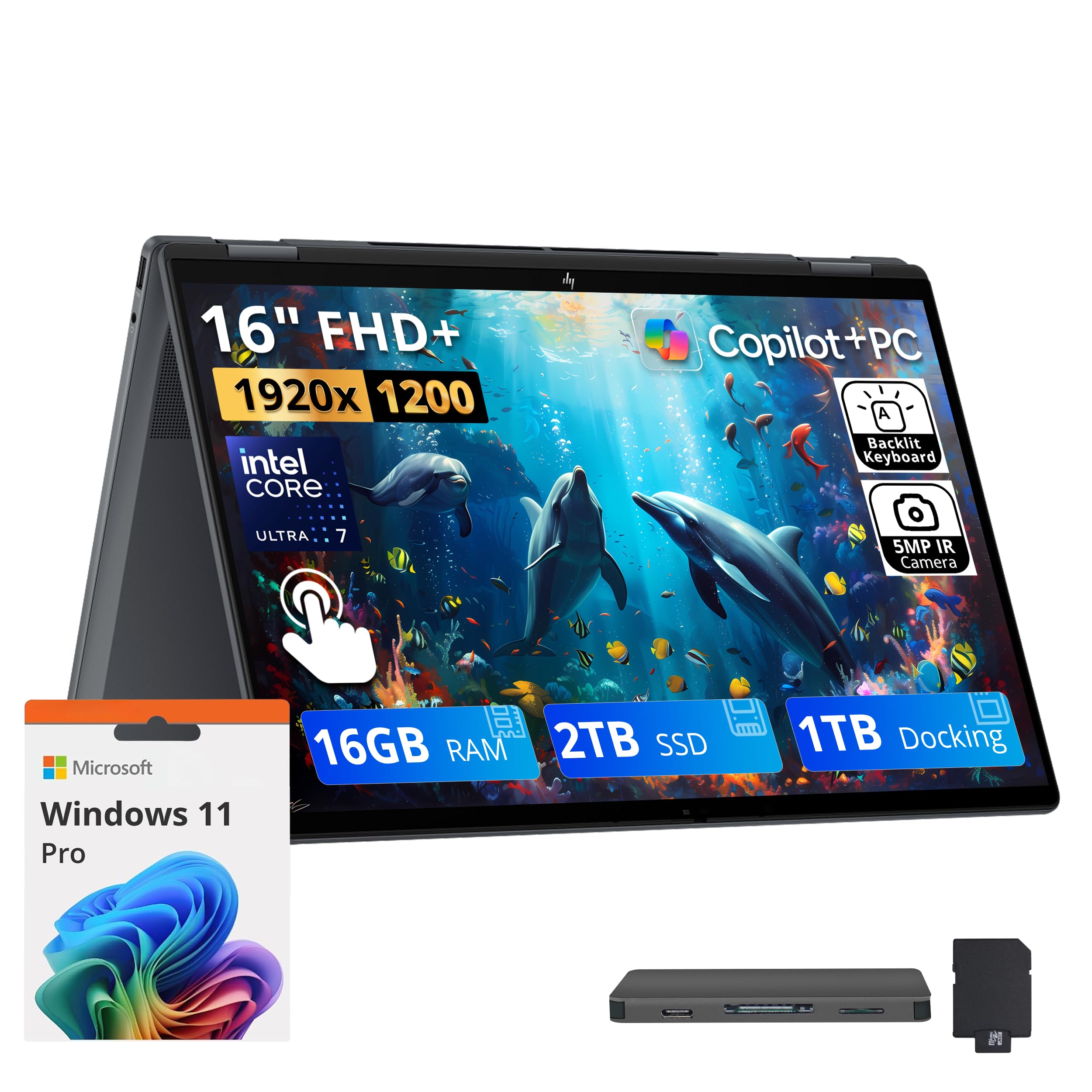 OmniBook X Flip 2‑in‑1 16'' 2K Touch Laptop, Intel Ultra 7 256V, 16GB LPDDR5X, 3TB Storage(2TB SSD+1TB Docking Station Set), Intel Graphics, Backlit Keyboard, Wi‑Fi 6E, Win 11 Pro, Eclipse Gray