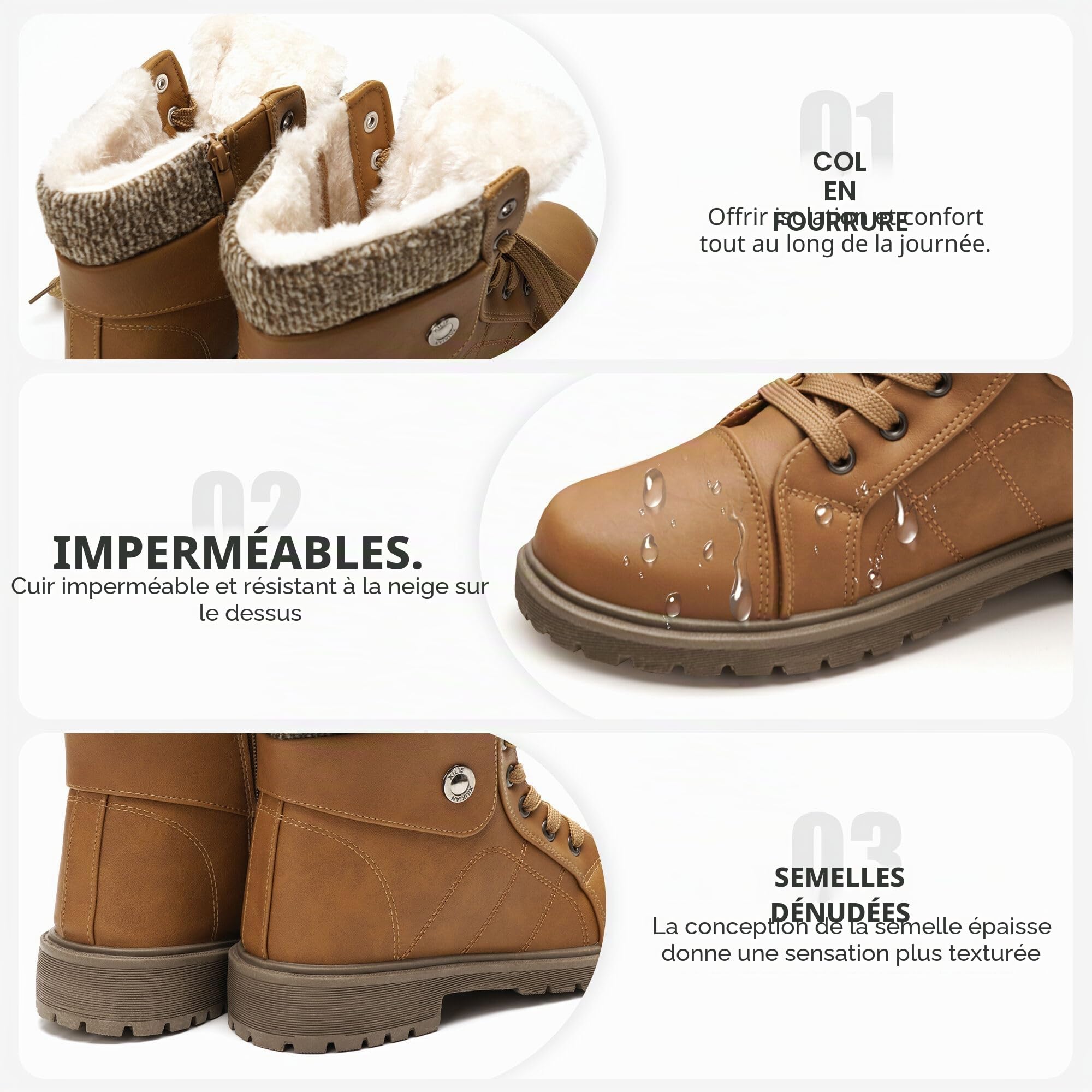 GLAMORA Bottines d'hiver pour femme imperméables et thermiques avec doublure chaude et semelle antidérapante, bottes confortables à fermeture éclair pour marche, travail, randonnée légère en montagne