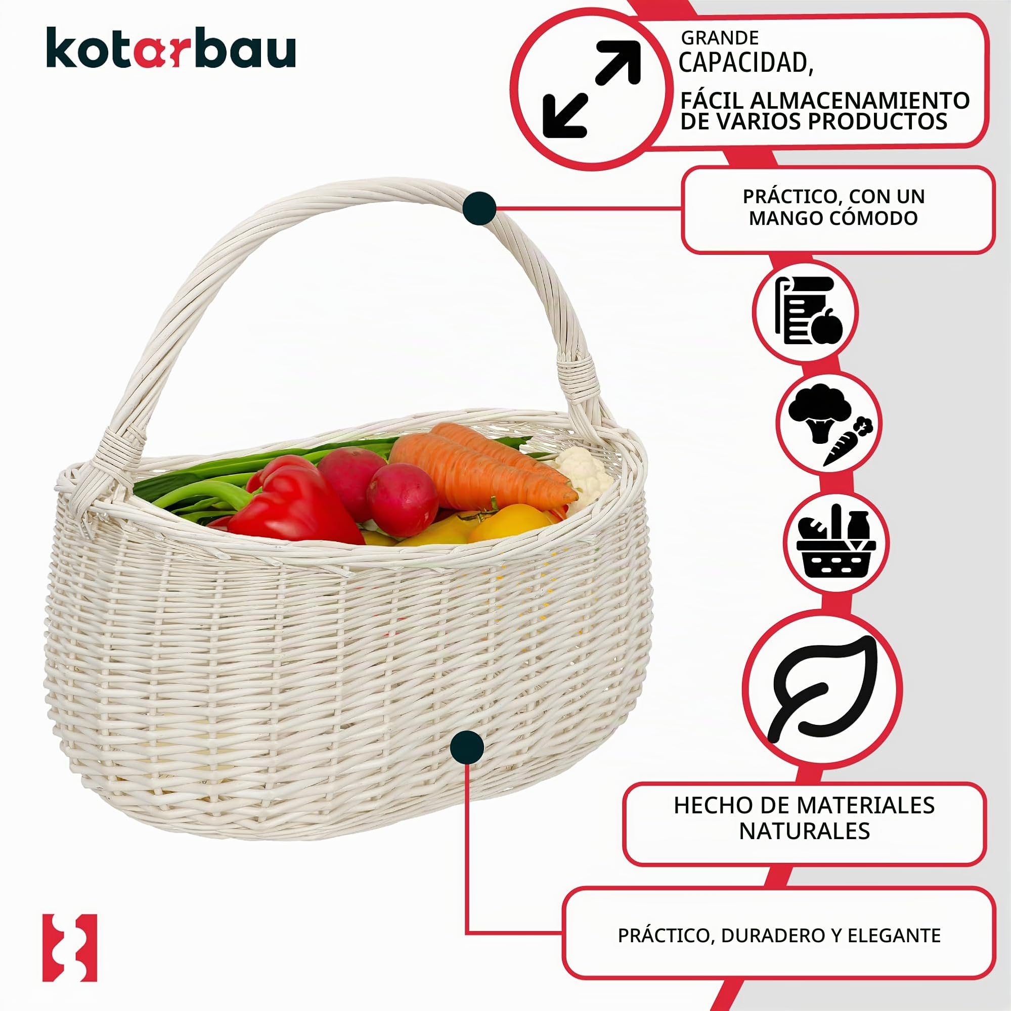 KOTARBAU® Cesta de mimbre trenzada grande, 440 x 280 mm, blanca, con asa, versátil y ligera