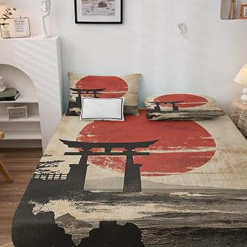 Japanese Torii Sheets Twin Sheet Set, Vintage Red Sun Bed Sheets, Rustic Retro Bedding Bedroom Decor, Soft Microfiber Deep Pocket Fitted Sheet & Flat Sheet & 1 Pillowcase