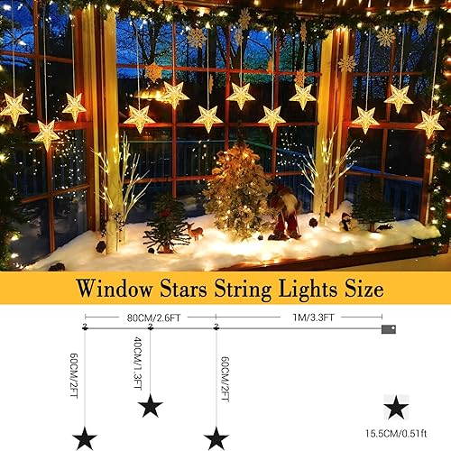 Miniatura 8 de Quntis Luces de ventana de Navidad, 3 estrellas, luces de cortina de hadas, 8 modos, funciona con pilas, luces de estrella colgantes con