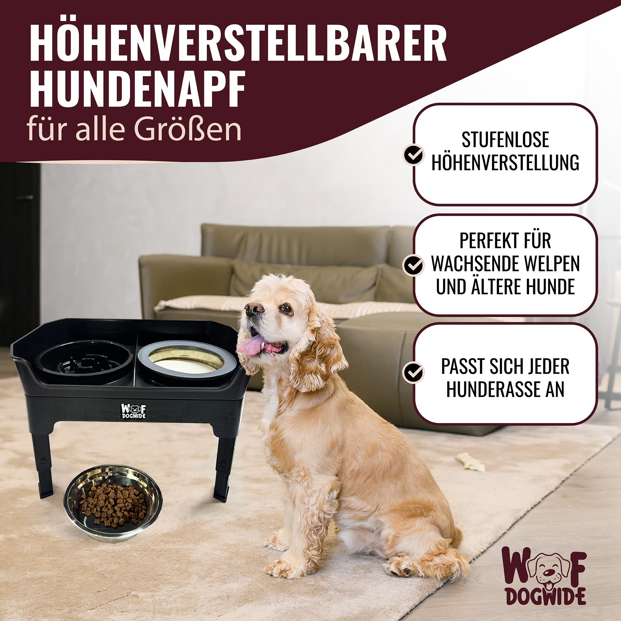 Comedero para perros elevado, comedero para perros, 2 cuencos de acero inoxidable de 1600 ml, antifugas, comedero para perros, comedero ajustable, color gris