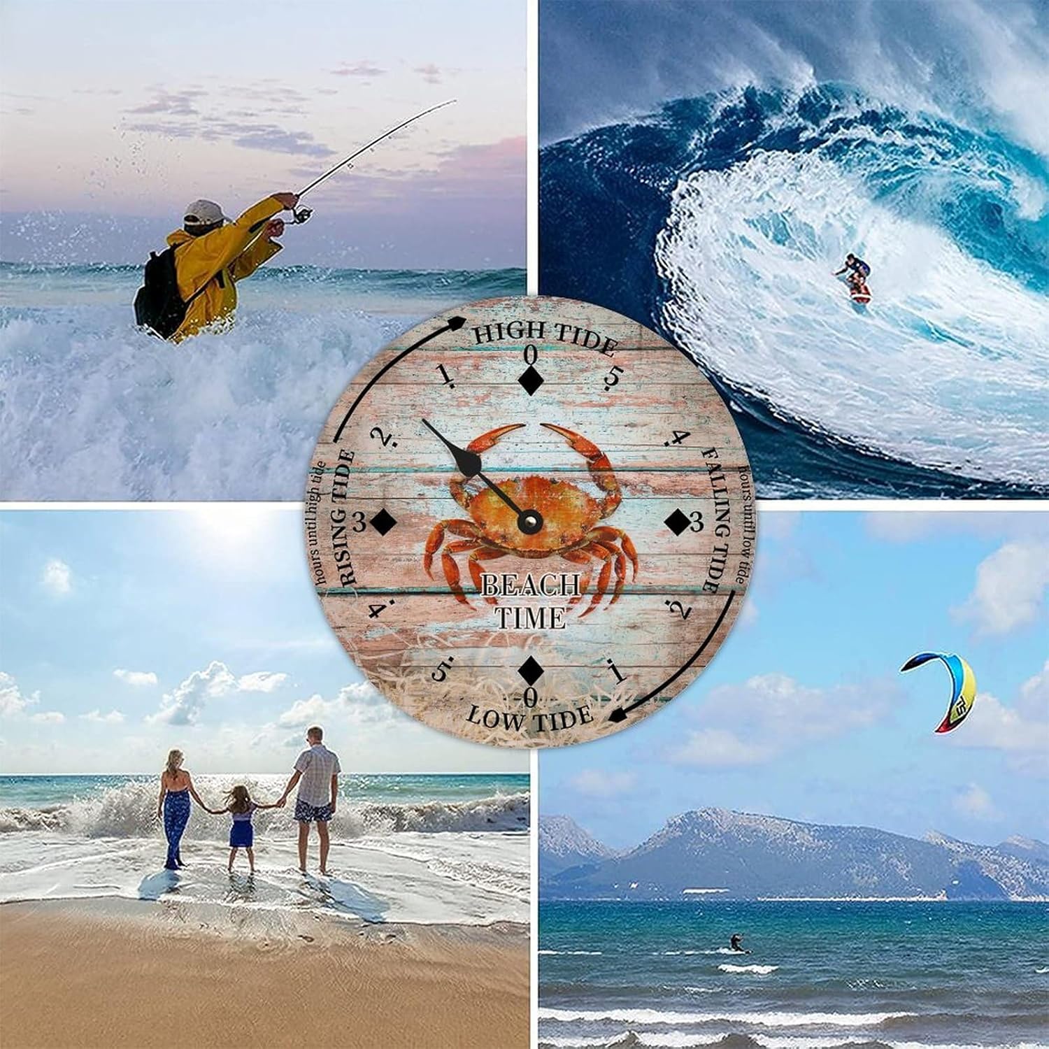 Rustic Wood Tide Clock Beach Time Ocean Crab Ocean Time Rustic Wooden Clock Wood Moon Tidal Clock for Wall High and Low Tide Movement Clock for Seaside House Cottage Hotel Camping 12x12 in