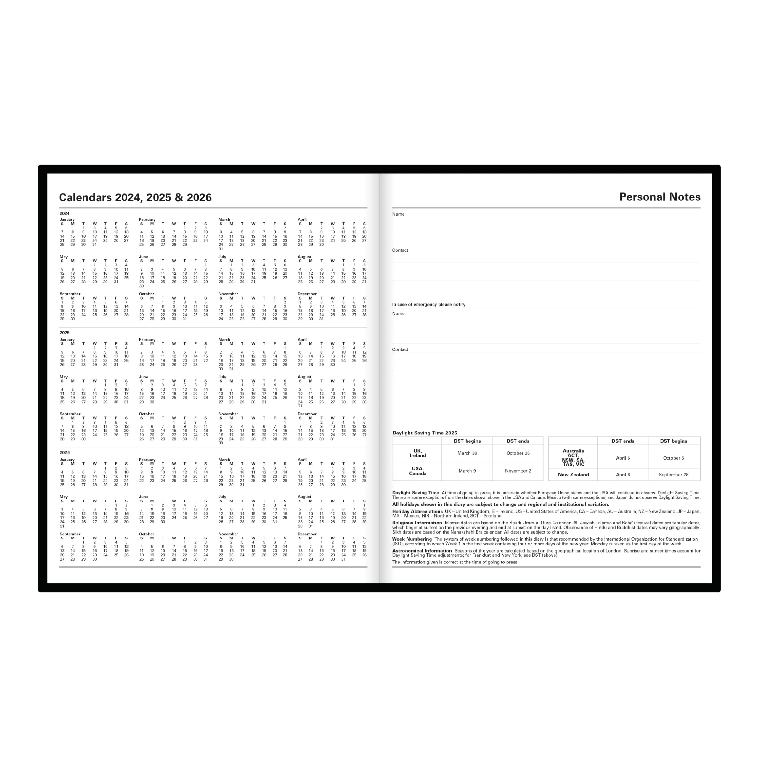 Letts of London - Agenda giornaliera standard 2025, lunghezza 26 cm, colore nero, materiale per ufficio e scuola