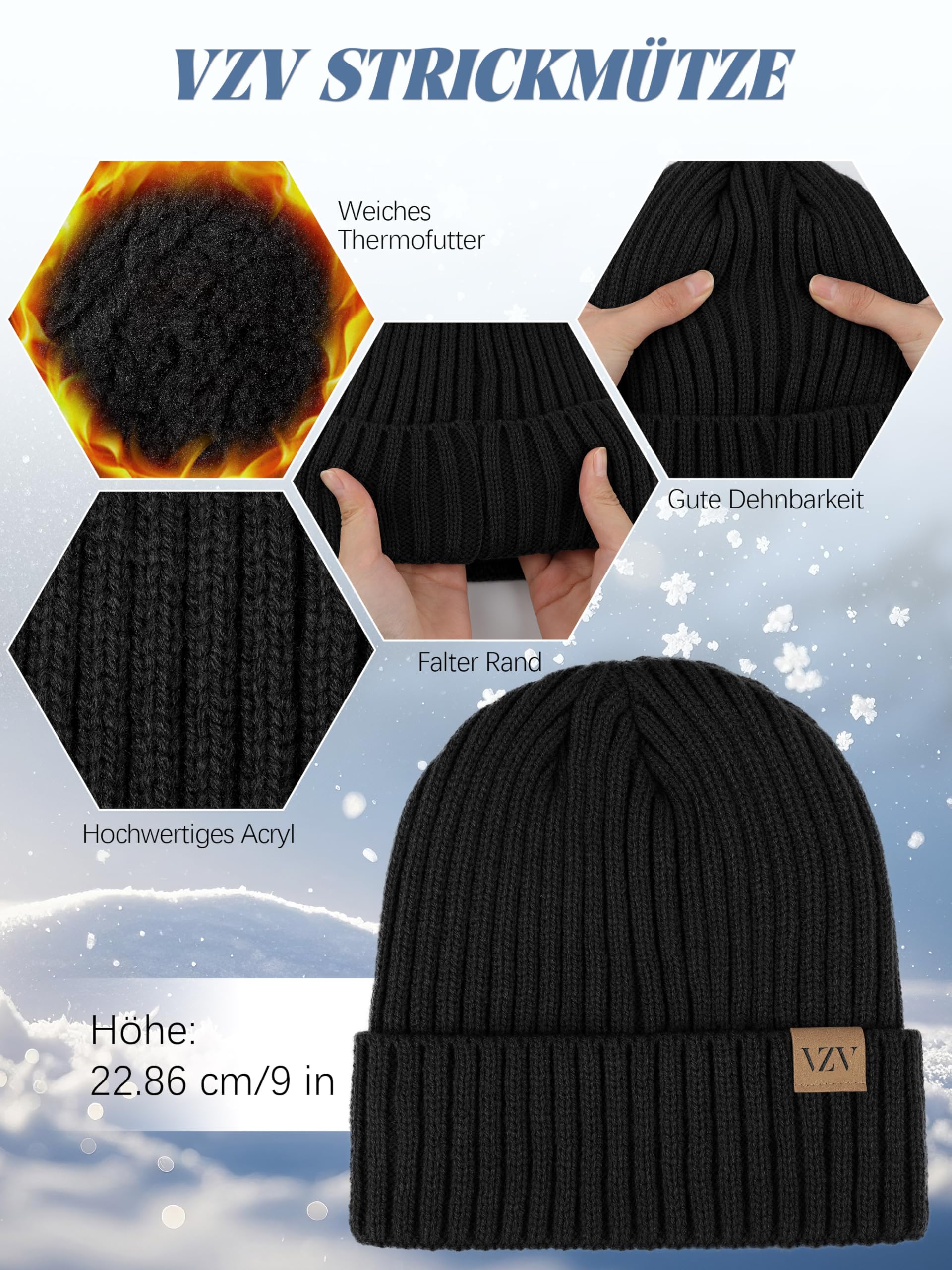 VZV Wintermütze, Schal, Handschuhe-Set: Warme Strickmütze, Touchscreen-Handschuhe, Langer Strickschal, Wintergeschenke für Herren, 3-teiliges