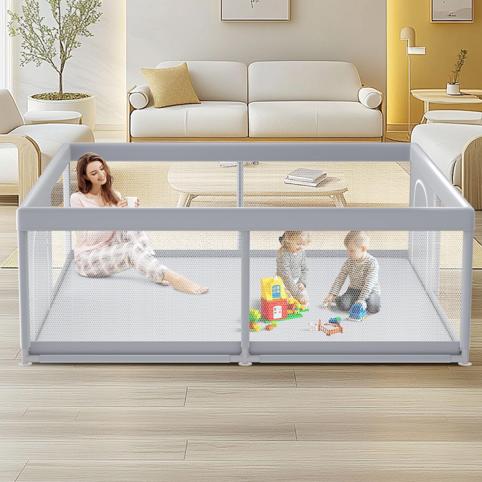 Photo 1 of XVISHX Baby Playpen, 79 x 79 Inch Play Pen, Playpen for Babies and Toddlers, Baby Playard for Indoor & Outdoor Active Center Game Fence, with Skin-Friendly Fabric and Soft Breathable Mesh Grey