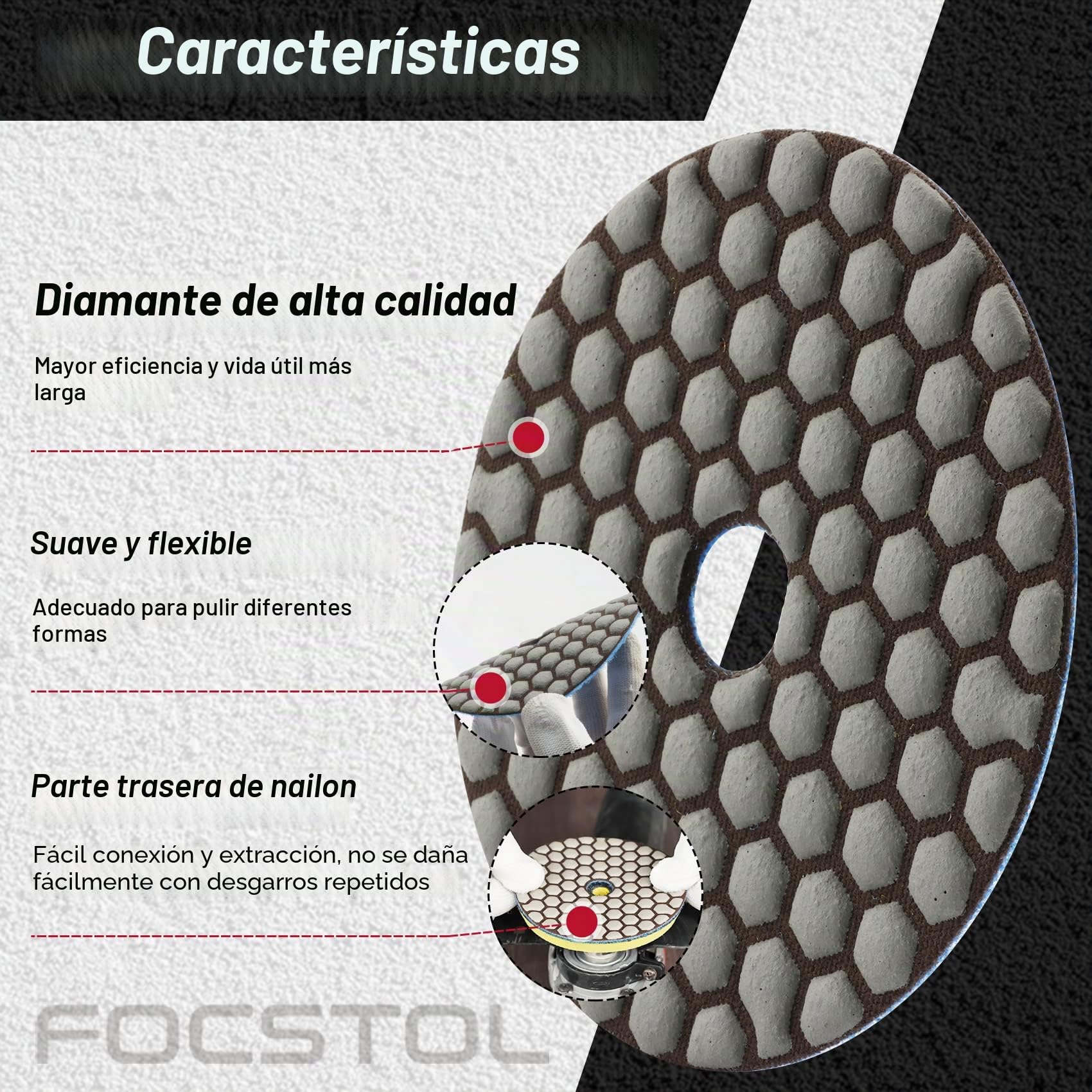 FOCSTOL Almohadilla de Pulido Diamante - 7 piezas 100mm (#50-#3000) Disco Diamante Pulir con Adaptador de M14 Rosca para Granito Mármol Piedra Artificial Cuarzo para Amoladora Angular