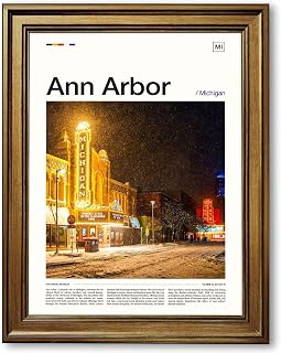 Framed Ann Arbor Michigan Night Street Scene Poster Canvas Print Art Vintage Modern Wall Art Painting Pictures Wall Decor Exquisite Home Decor for Living Room Bedroom Office Apartment (Golden framed,12"X16W")