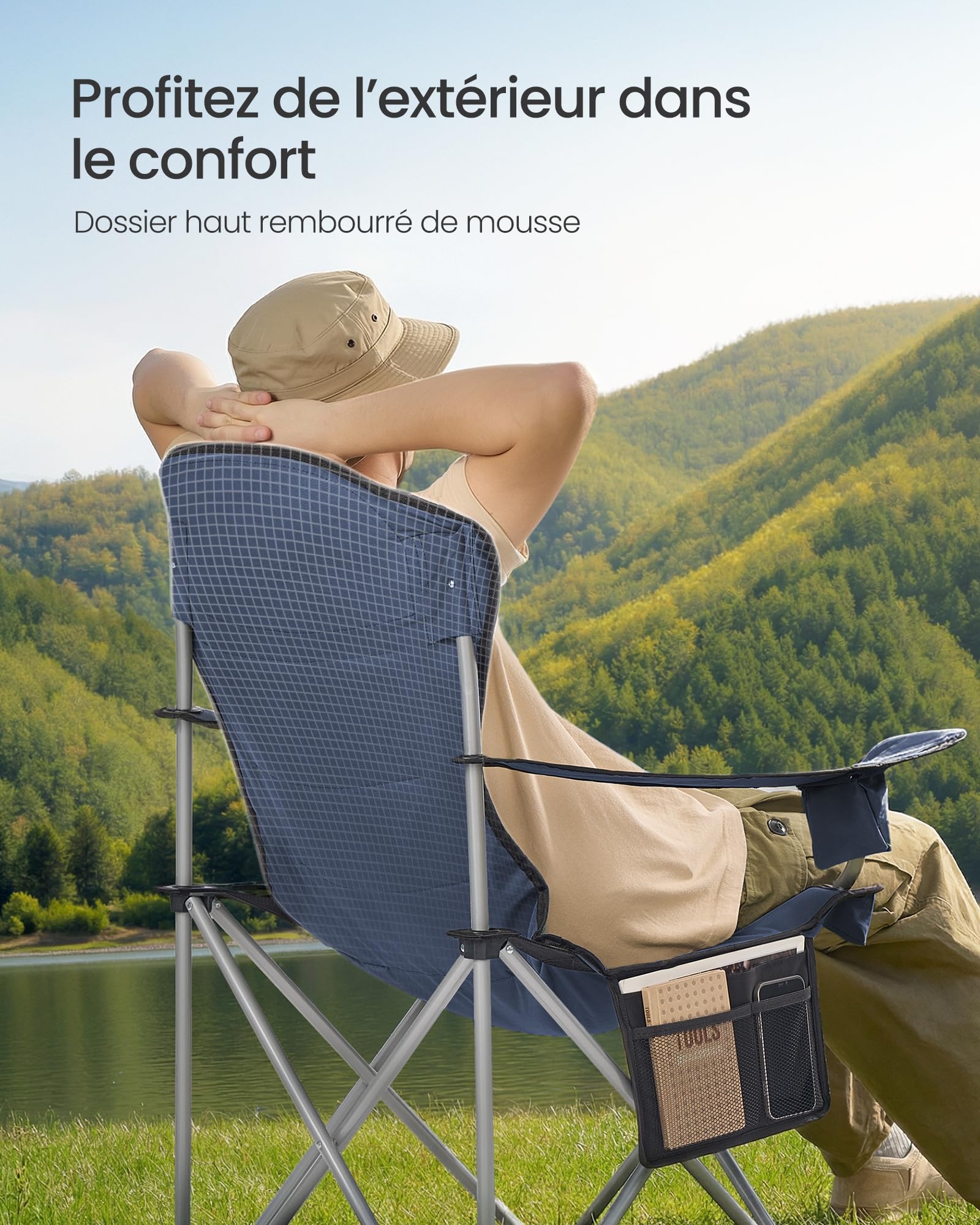 SONGMICS Chaise Pliante Camping, Siège Large, Dossier Haut, Chaise de Pêche Portable avec Porte‑Gobelet, Support pour Téléphone, Organiseur en Tissu, Bleu et Gris GCB005QE01