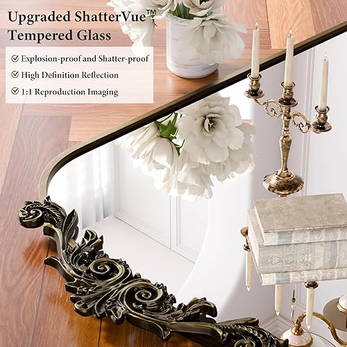 Miniatura 4 de Koonmi Espejo vintage, espejo barolón antiguo de 24 x 36 pulgadas para pared, marco de bronce con patrones ornamentados, cabeza de flor desmontable,