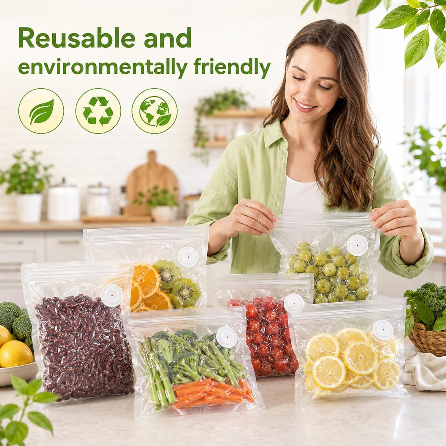60Pcs Reusable Vacuum Sealer Bags with Clips, 3 Sizes 10L/20M/30S