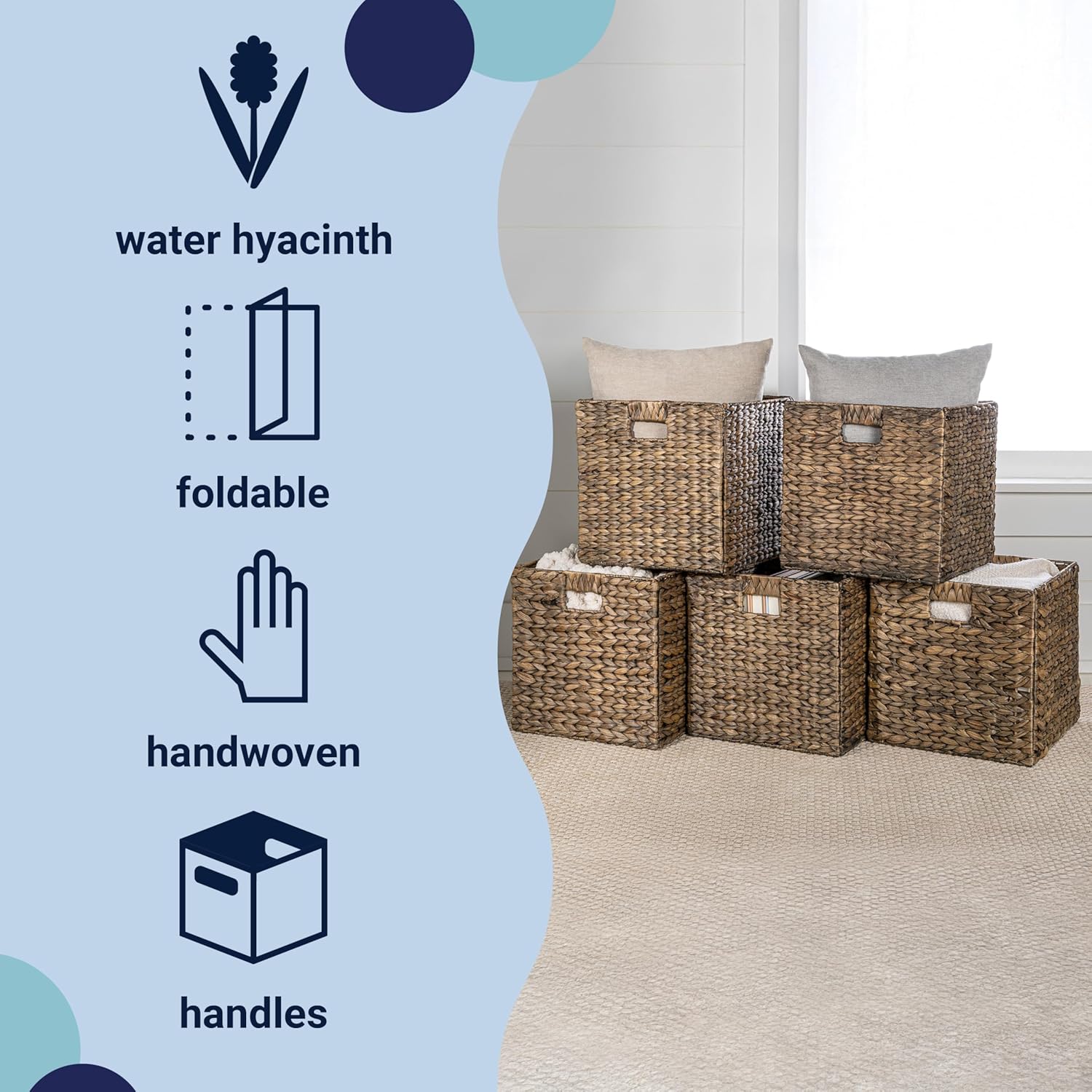 happimess BSK2003B-SET5 Bryce 12.6" Classic Farmhouse Handwoven Hyacinth Collapsible Cube Wicker Storage Baskets with Handles, Brown (Set of 5), Seagrass Container for Decoration in Living Room