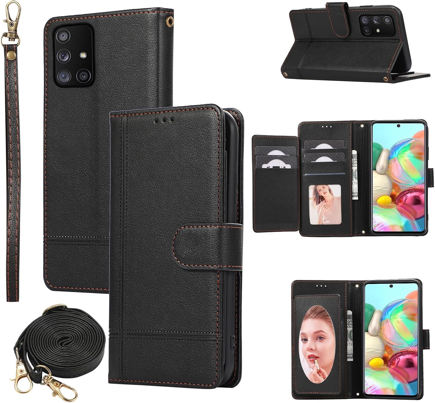 Compatible with Samsung Galaxy A71 5G Wallet Case Wrist Strap, Crossbody Strap, Mirror Leather Flip Credit Card Holder Stand Cell Phone Accessories Cover for A 71 G5 71A S71 Women Men Black