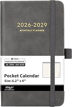 Pocket Planner 2026-2029 - 2026-2029 Monthly Planner, Pocket Calendar 36-Month With 60 Notes Pages, Jul. 2026 - Jun. 2029, 6.2" x 4", 3-Year Planners with Contacts, Holidays and Pen Holder, Elastic Closure - Grey