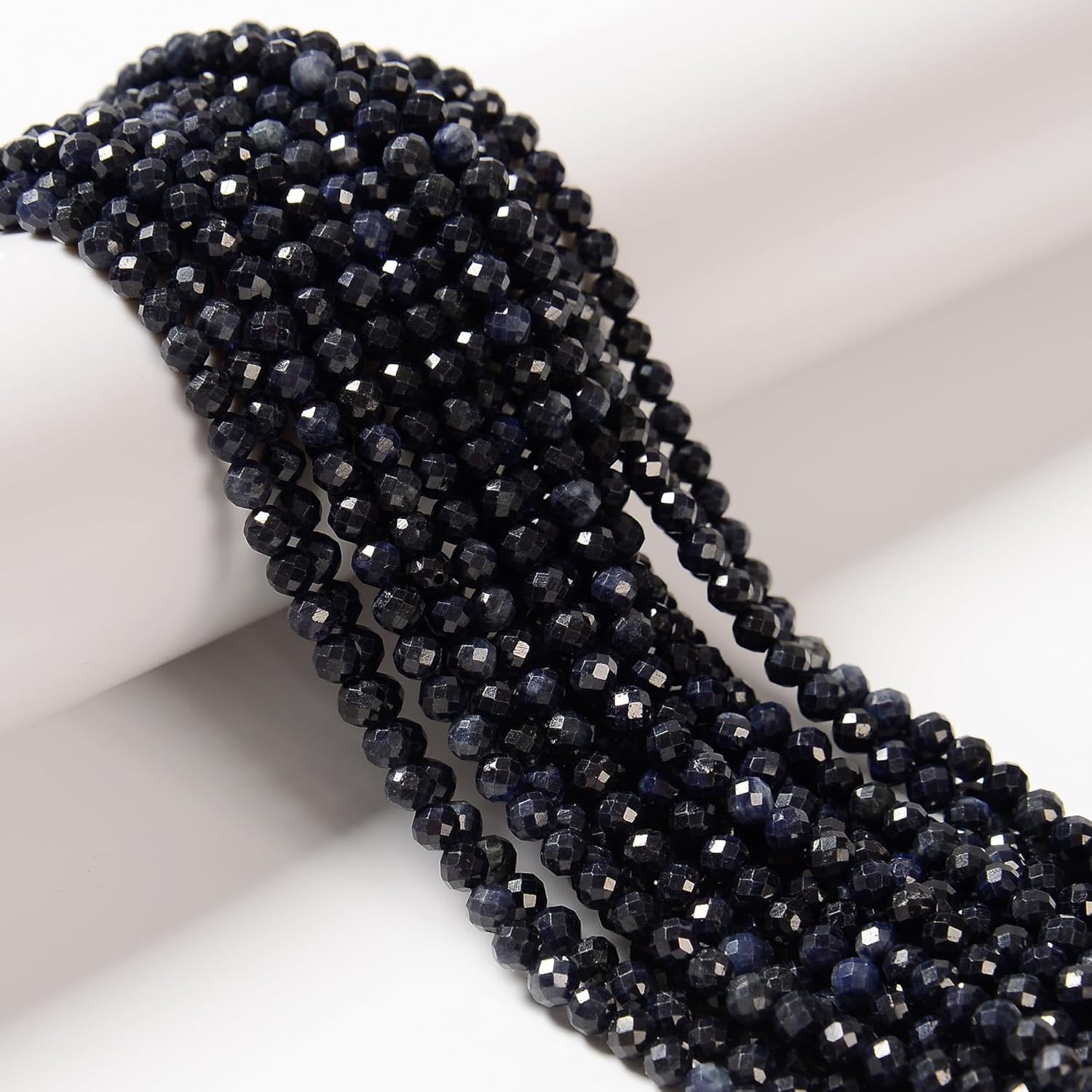 JM Design Natural Sapphire Faceted Round Beads Size 4mm 15.5'' Strand for Jewelry Making