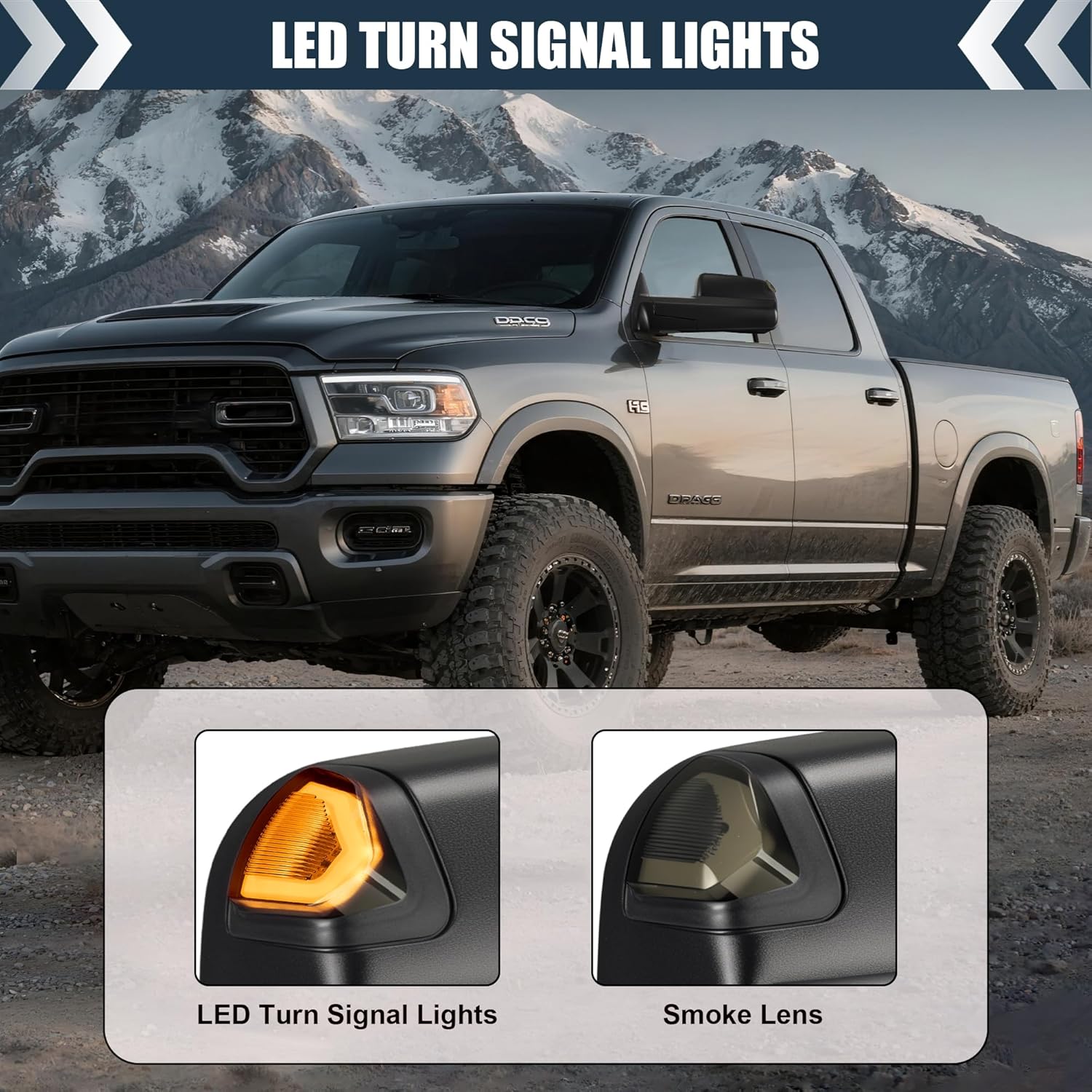 Tow Mirrors Compatible with 2002-2008 Dodge Ram 1500, 2003-2009 2500 3500, Smoked LED Turn Signal, Flip Up Extended Trailer Towing Side Mirrors, Power Heated Adjustable, Black Housing